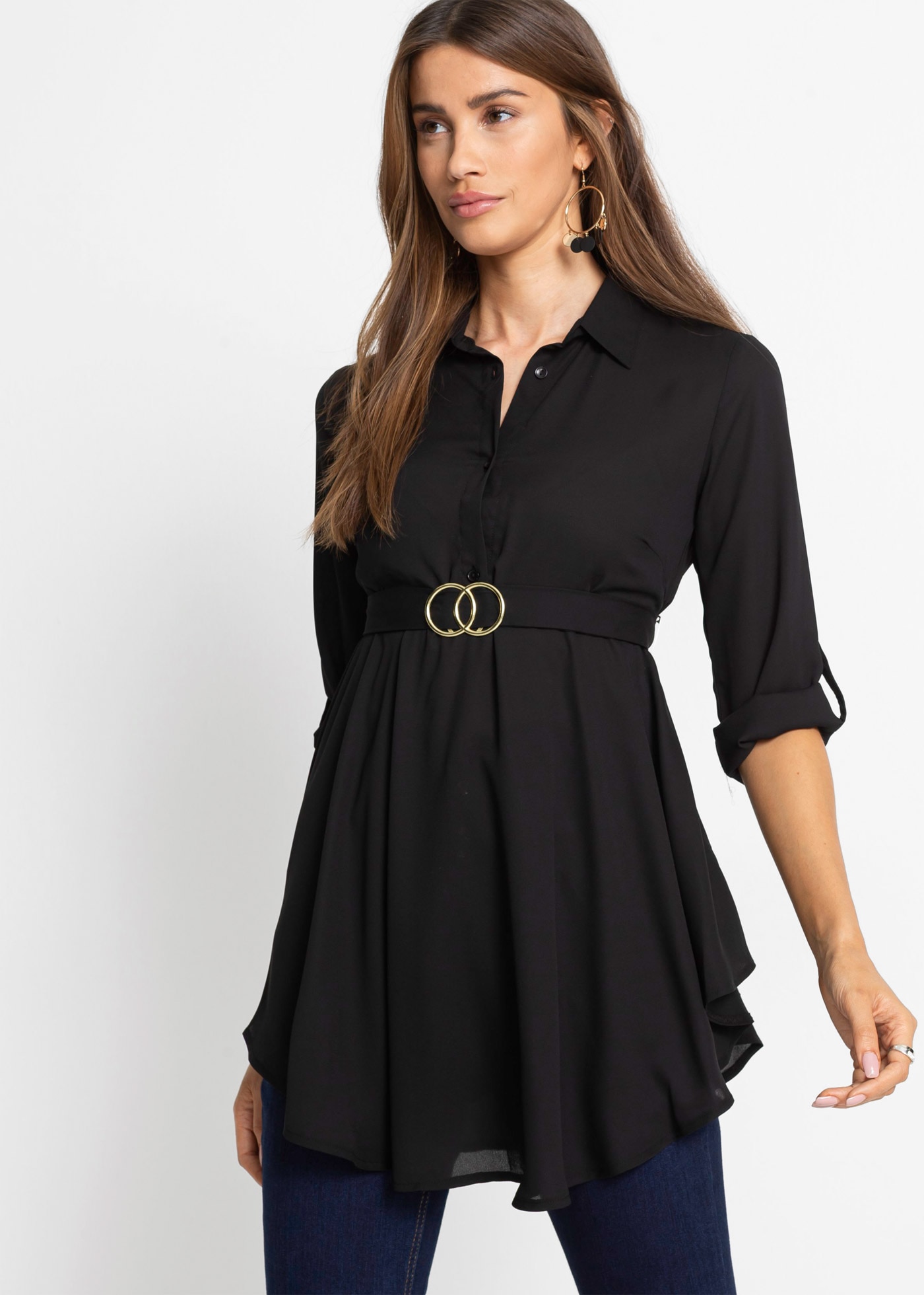 bonprix Longbluse "Longbluse" ausgestellte Passform, mit Hemdblusenkragen, unifarben