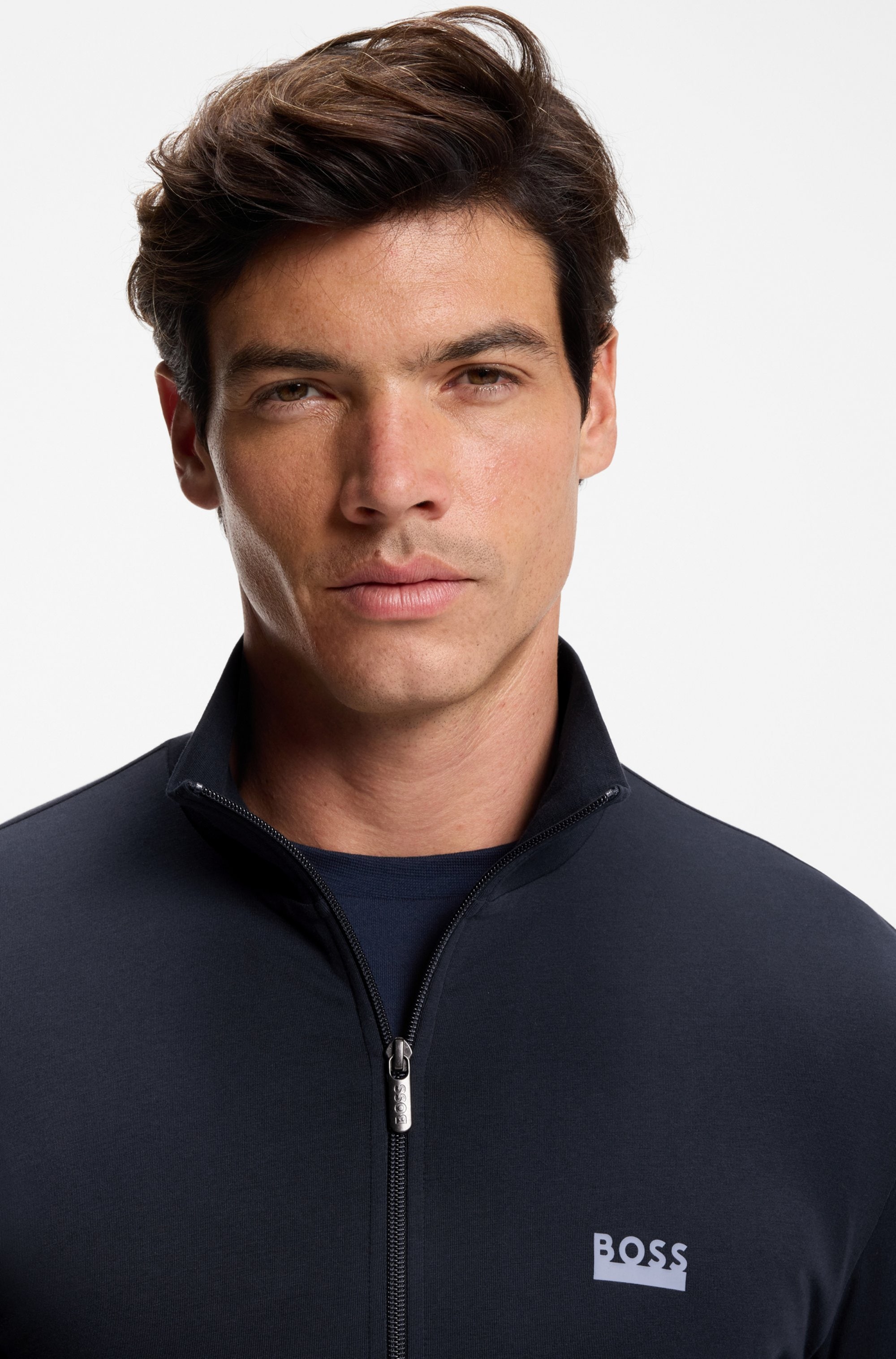 BOSS Loungeanzug »365 Long Set« Aus Stretch-Baumwolle mit Logos, Jacke mit Stehkragen