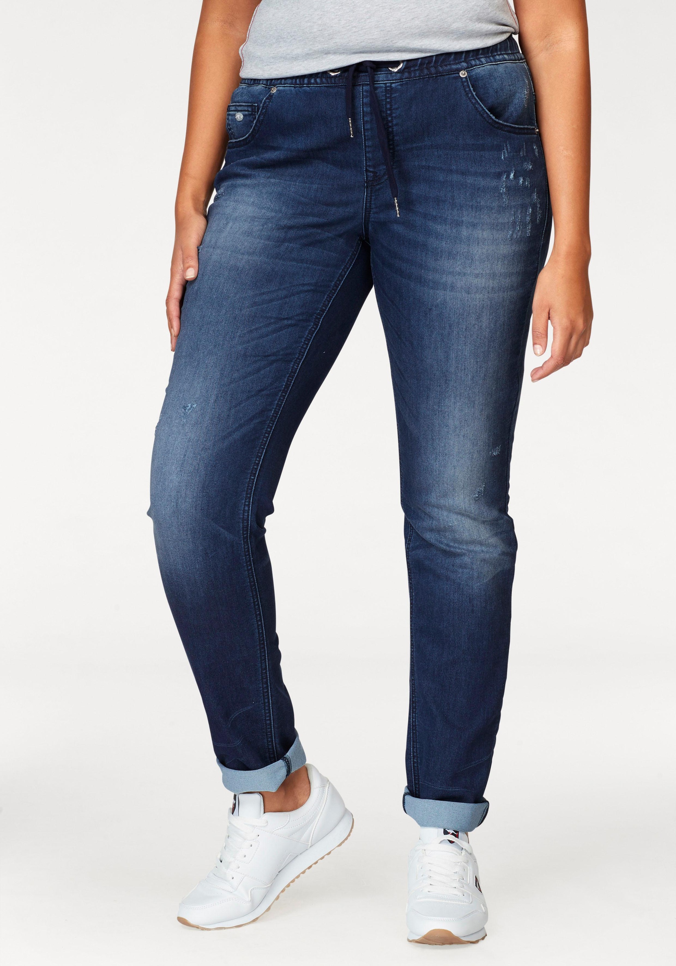 Jogg Pants KANGAROOS, Damen, Gr. 50, N-Gr, blau (blau used), Denim/Jeans, Obermaterial: 59% Baumwolle, 40% Polyester, 1% Elasthan, Destroyed-Effekte, figurbetont lang, Jeans Jogg Jeans Treggings, entspannte Passform, Topseller