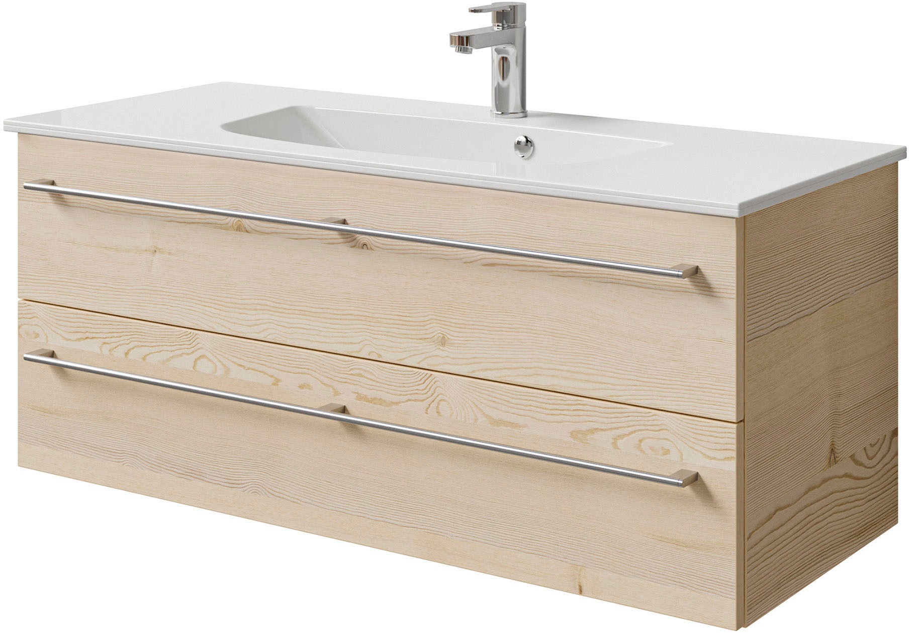 Saphir Badmöbel-Set »Serie 6025 2-teilig Mineralmarmor-Waschtisch mit LED-Spiegelschrank«, (2 St.), Waschplatz 117cm breit, 2 Schubladen, 3 Spiegel-Türen, inkl Türdämpfer