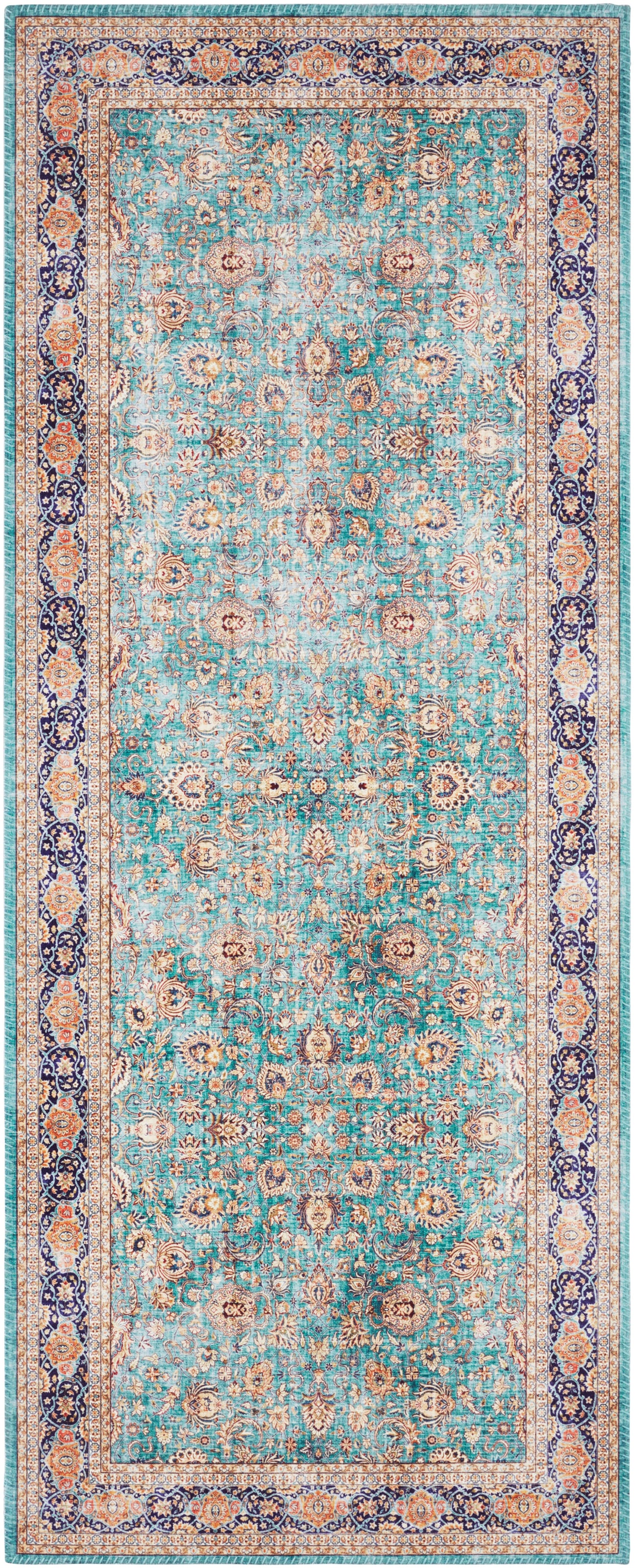 Teppich ELLE DECORATION "Keshan Maschad" Gr. 12, grün (jade), B:80cm H:5mm L:200cm, Polyester, Teppiche, Teppich, Orientalisch, Läufer, Kurzflor, Vintage, Wohnzimmer, Schlafzimmer