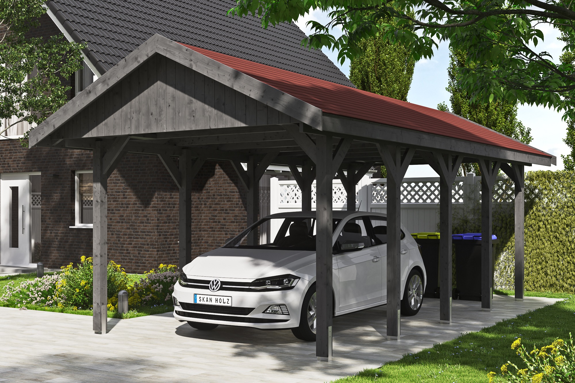Skanholz Einzelcarport »Wallgau«, Nadelholz, 291 cm, Schiefergrau, mit roten Dachschindeln