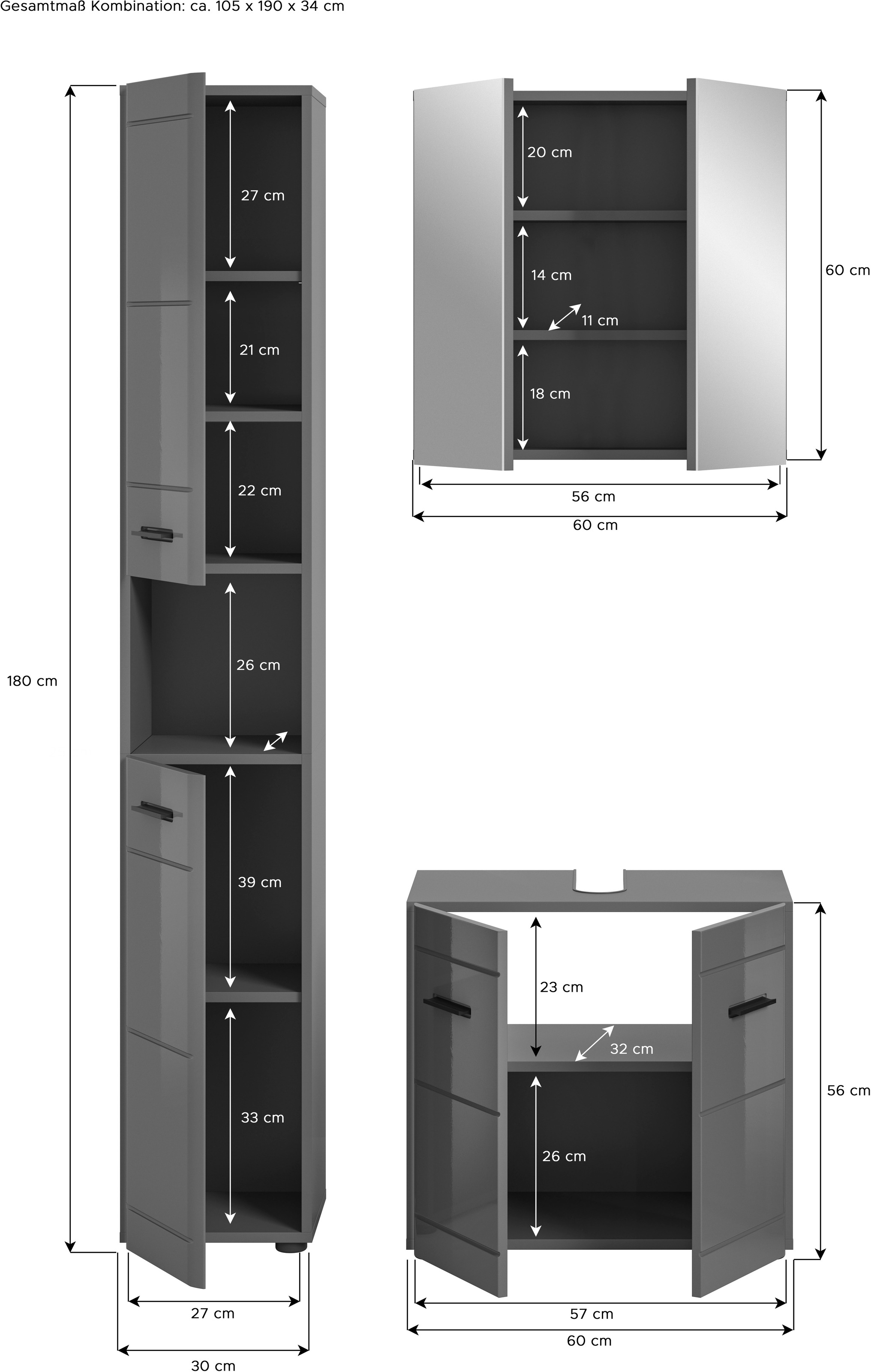 welltime Badmöbel-Set »Doux, bestehend aus: Hochschrank, Waschbeckenunterschrank,«, (3 St.), Spiegelschrank, hochwertige hochglanz MDF Front mit Rillenfräsung