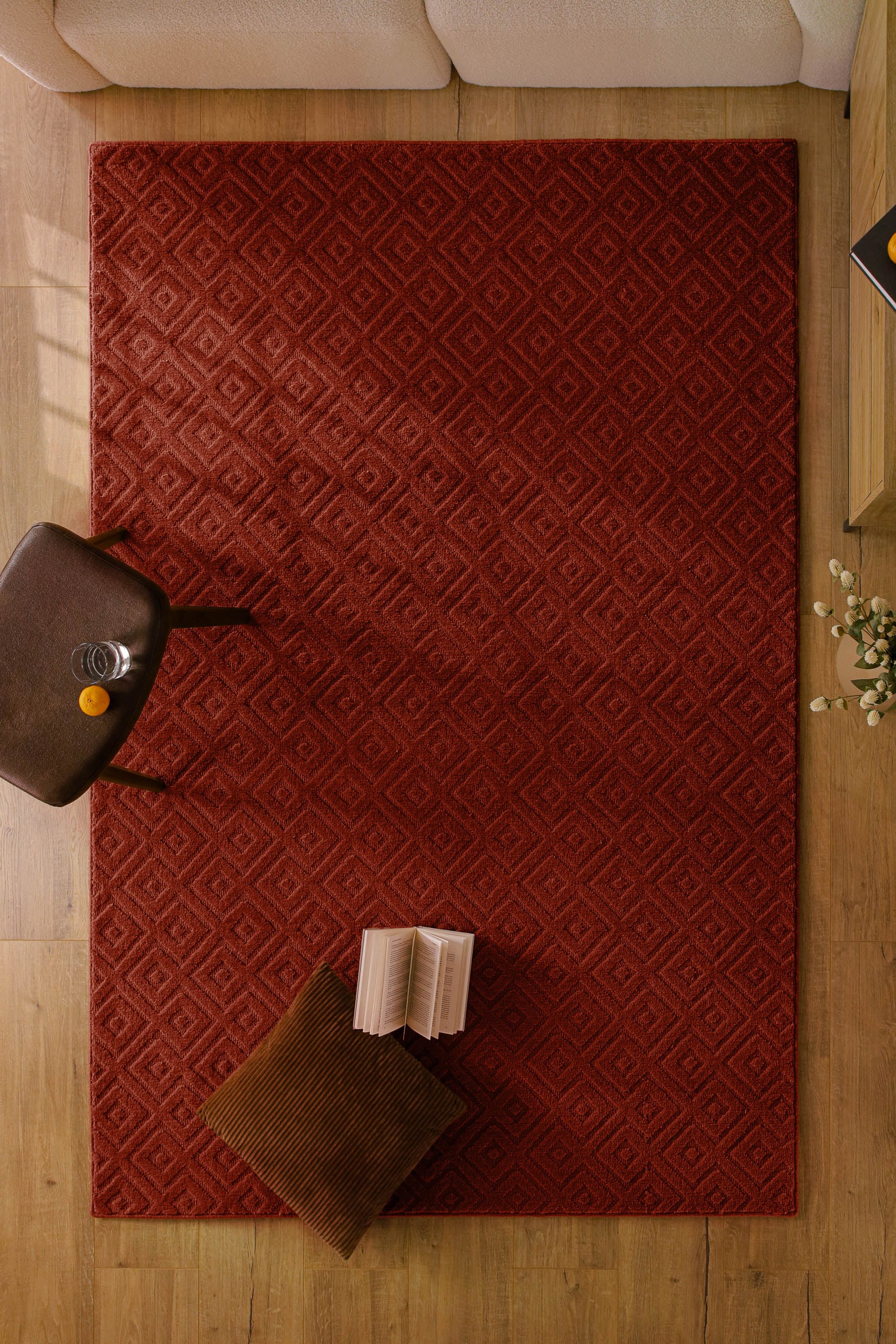 Teppich WECON HOME "Castello TWO", purpur rot, B:200cm H:7mm L:300cm, Schurwolle, Teppiche, Teppich, Schurwolle, Kurzflor mit Hoch-Tief-Effekt, Wohnzimmer, Rautenmuster
