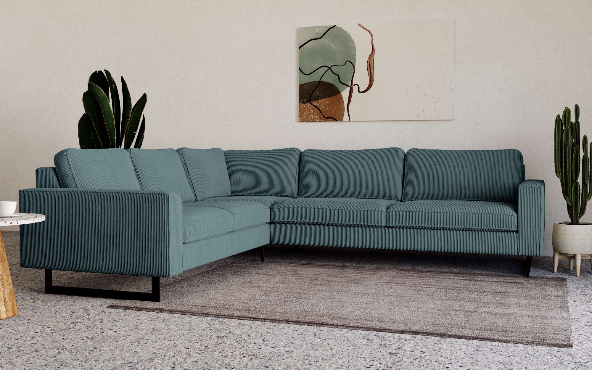Places of Style Ecksofa »Pinto, XXL, 250/290 cm, langer Schenkel, Ottomane«, Cord, Chenille, Lederoptik, mit Keder, Metallfüße, Wellenunterfederung