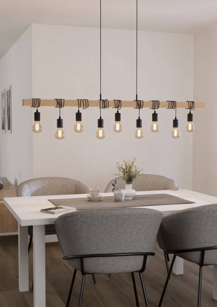EGLO Hängeleuchte "TOWNSHEND Hängelampe, Stahl und Holz, E27, IP20, Esszimmerlampe, Lampe", braun (braun, schwarz), 9, Ø 0cm H: 110cm, 1 Stk., Leuchten, Pendellampe, L15 x B10 x H110 cm, braun, schwarz, 9X60W exkl., Hängeleuchte