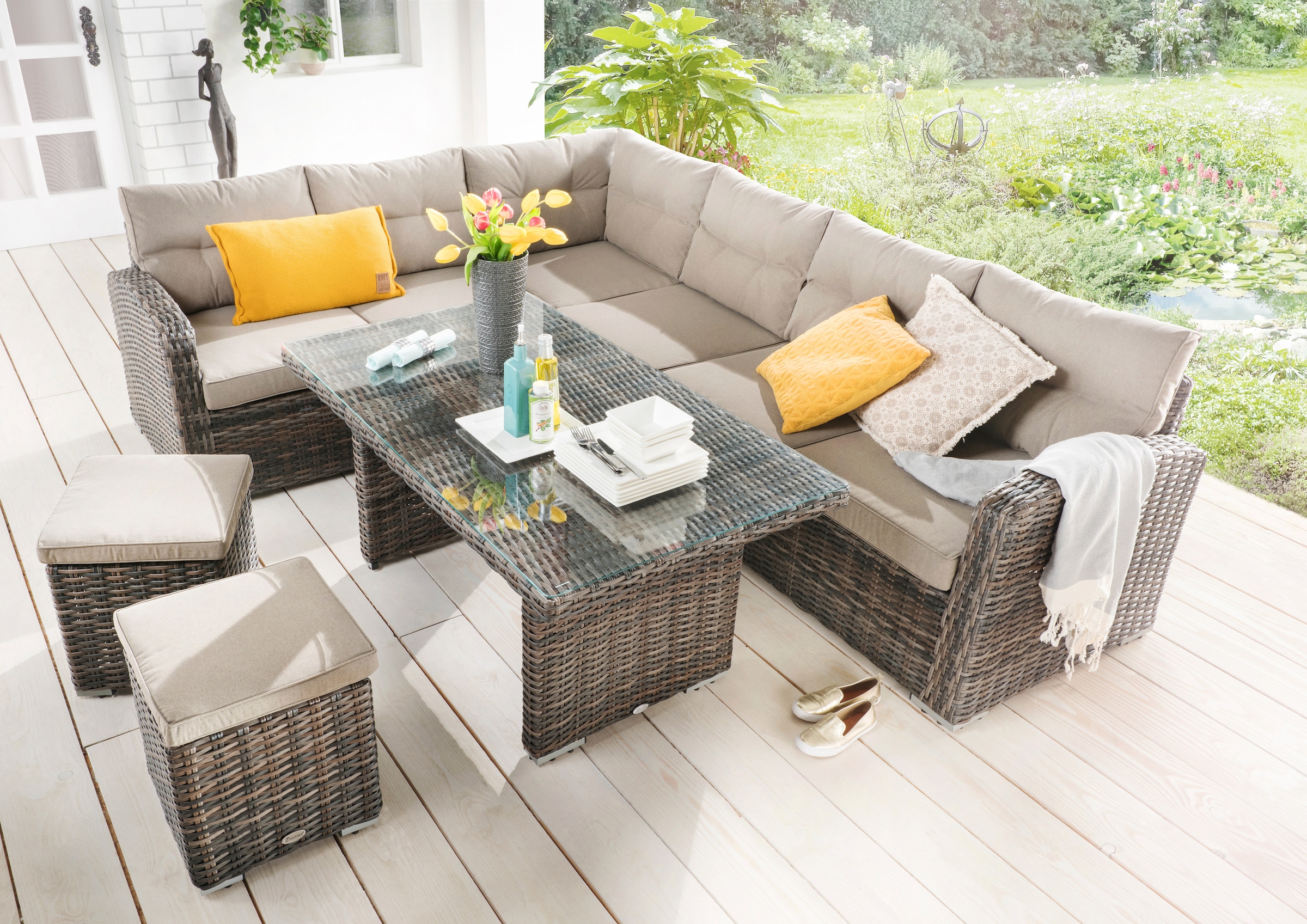 Destiny Gartenlounge-Set »SANTA PONSA«, (20 tlg.), Ecklounge, 1 Tisch  140x80x66 cm, 2 Hocker, inkl. Auflagen | BAUR | Gartenlounge-Sets