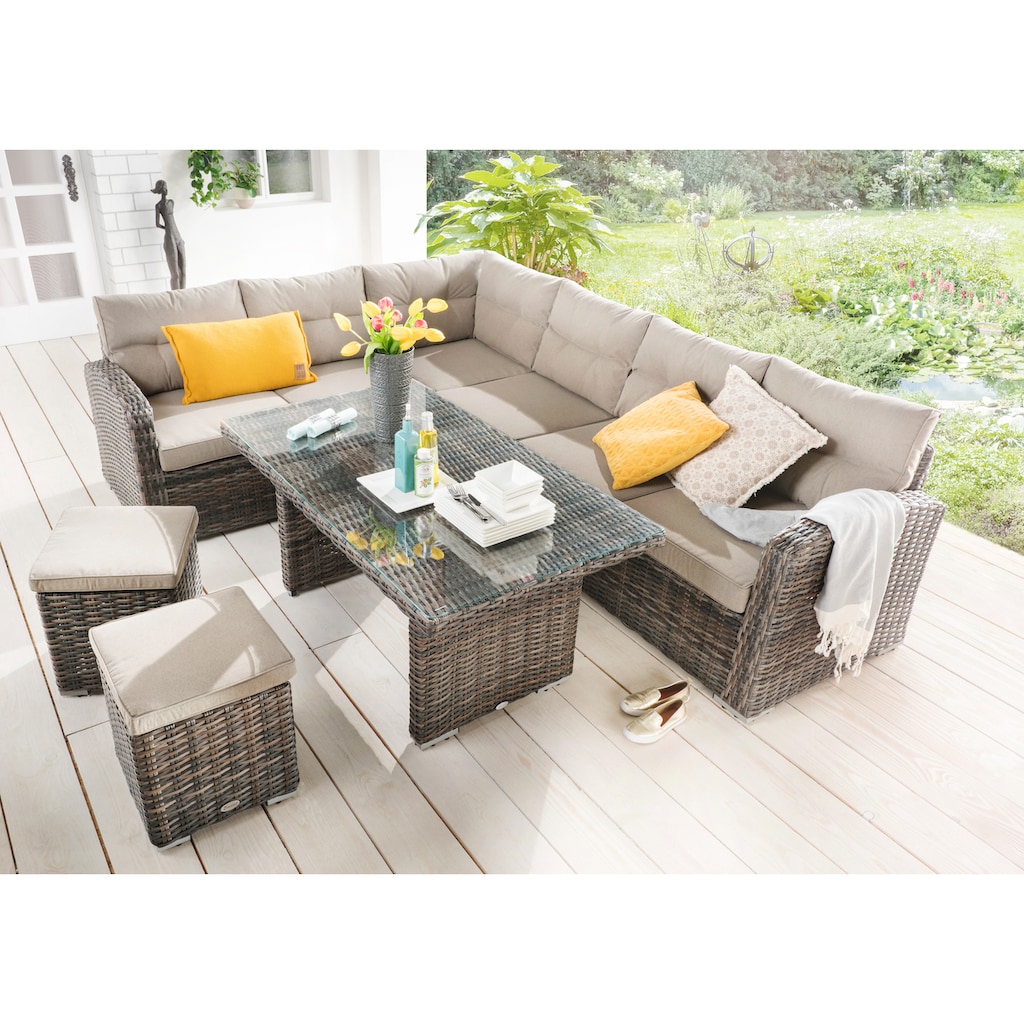 Destiny Gartenlounge-Set »SANTA PONSA«, (20 tlg.), Ecklounge, 1 Tisch 140x80x66 cm, 2 Hocker, inkl. Auflagen