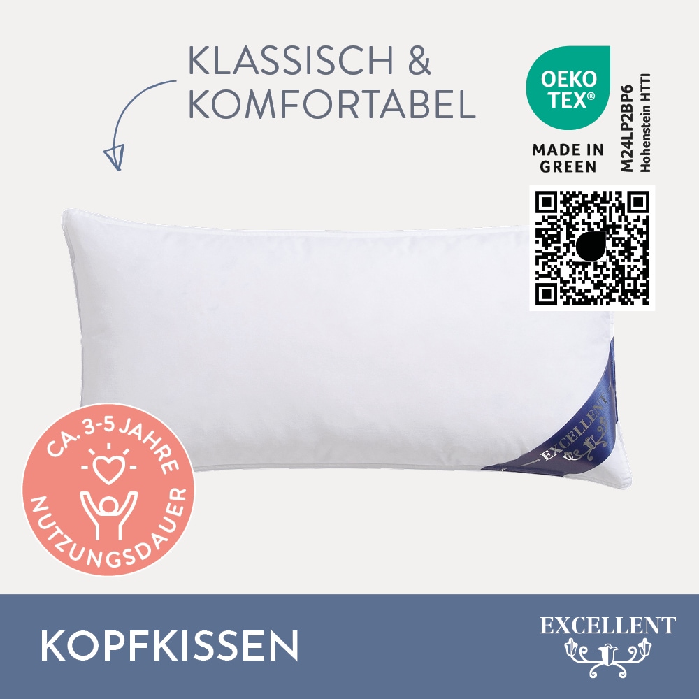 Excellent 3-Kammer-Kopfkissen »Venedig, Kissen hergestellt in Deutschland!«, Füllung: 90% Daunen (Außenkammer), Bezug: 100% Baumwolle, (1 St.), allergikerfreundlich, Kissen vom Hohenstein Institute ausgezeichnet
