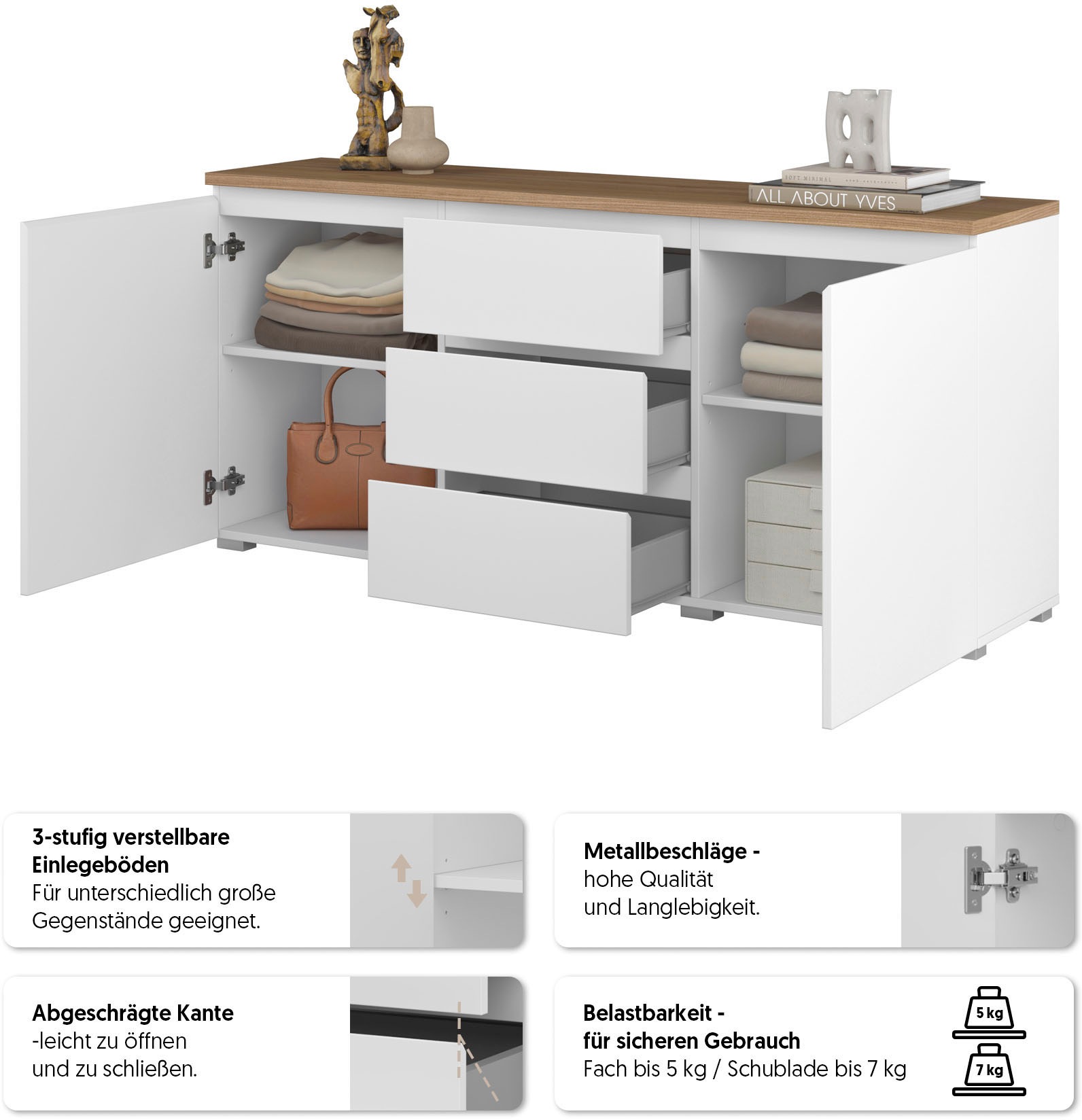 INOSIGN Sideboard »Modo, Breite 150 cm, moderne grifflose Kommode 2Türen/3 SK«, Schubladenkommode mit viel Stauraum, Einlegeböden verstellbar
