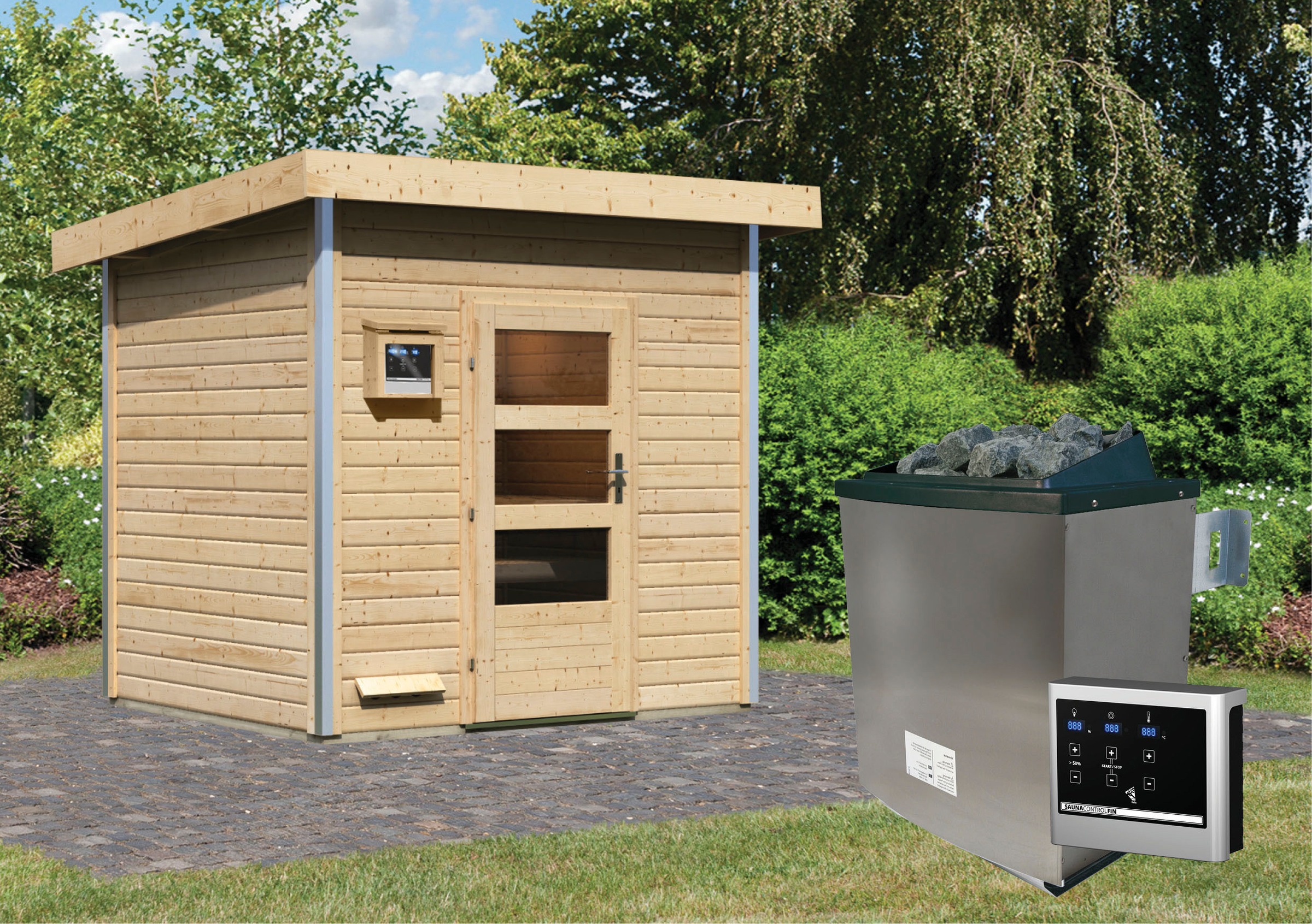 Karibu Saunahaus »Ralf«, moderne Tür, Ofen 9 KW externe Strg easy