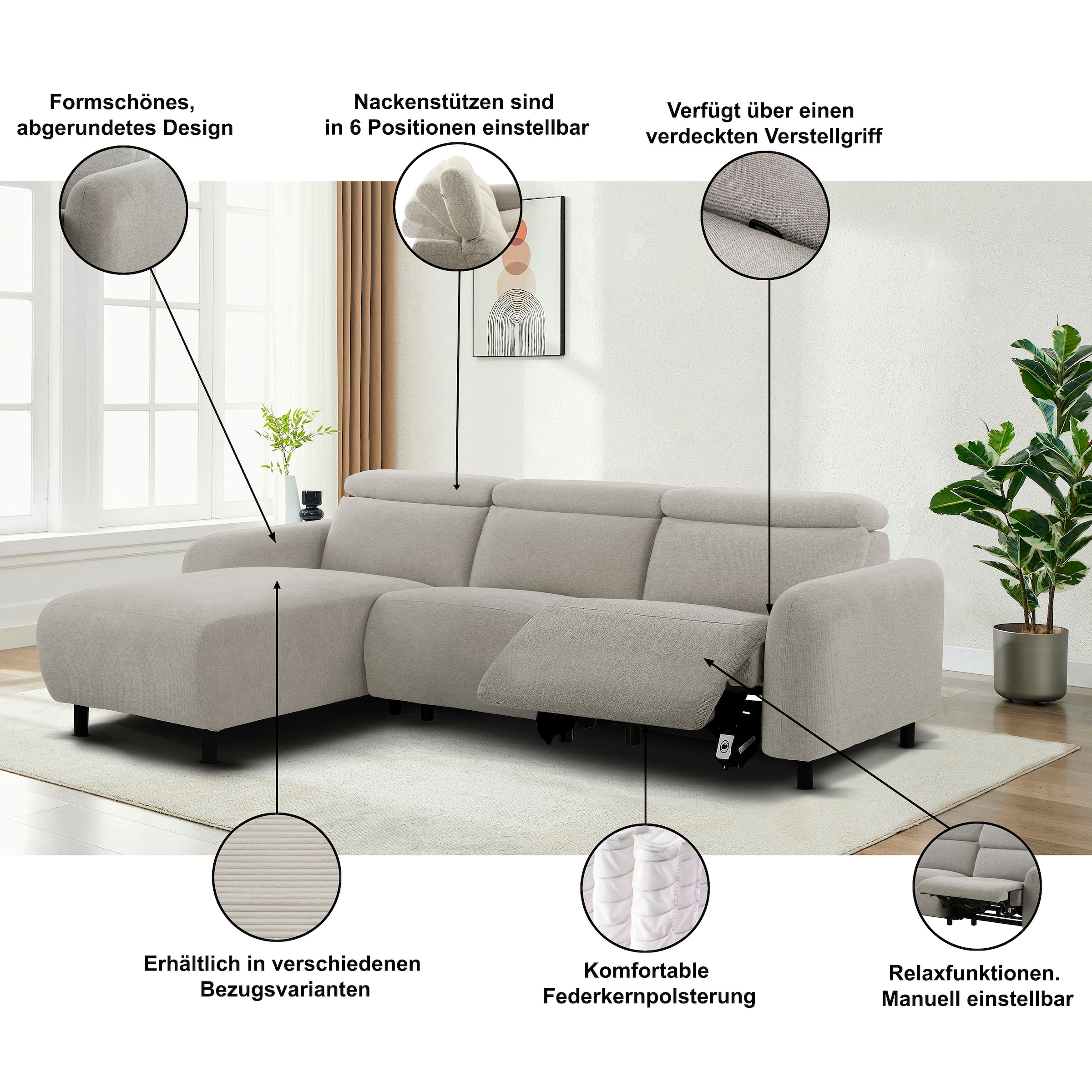 OTTO home Ecksofa »SKAANE Struktur, L-Form, 274 cm, manuelle/elektrische Relaxfunktion,« 274 cm, mit Kopfteilverstellung und man. oder elektr. Relaxfunktion