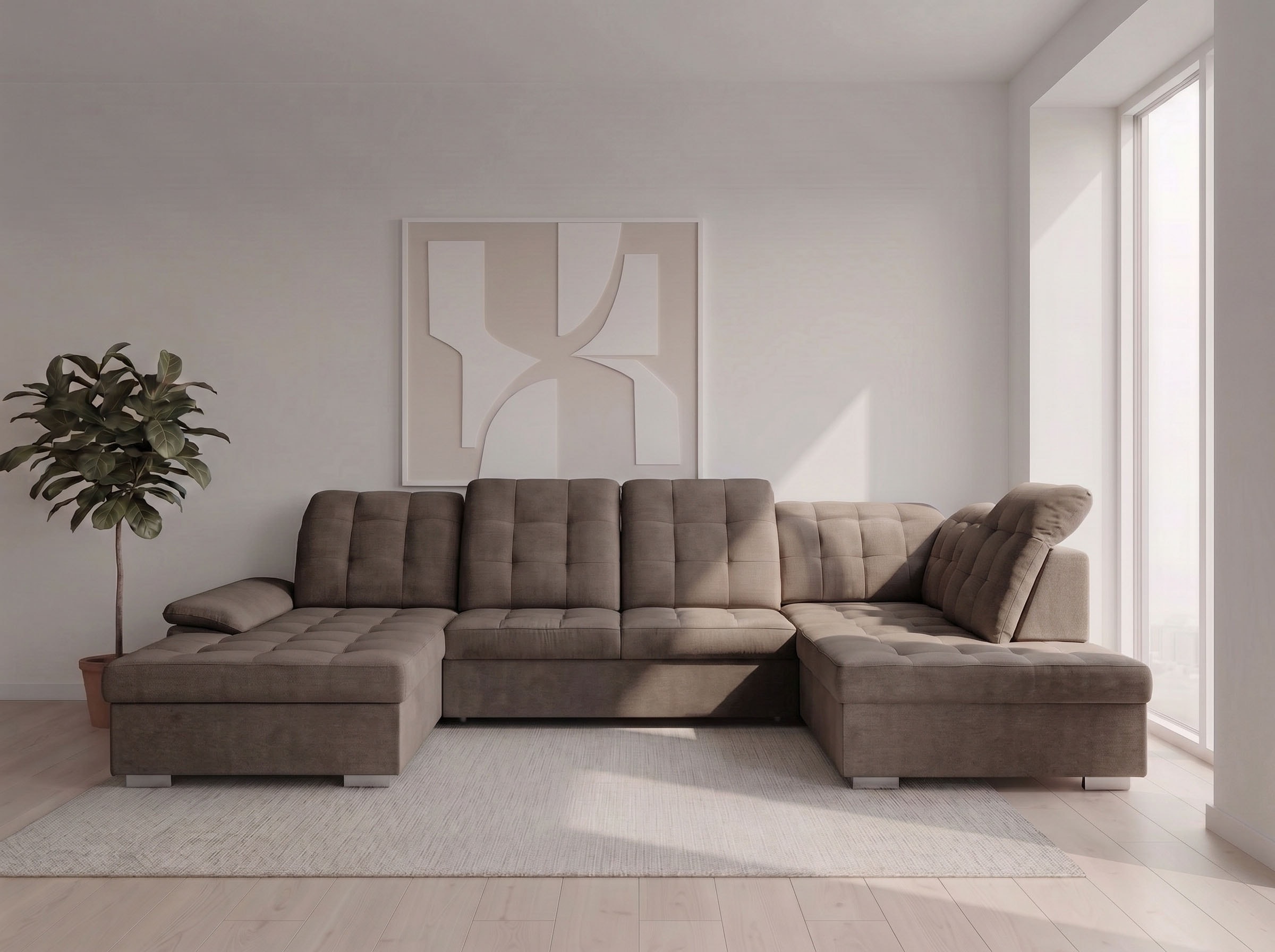 WERK2 Wohnlandschaft "Kordula-New 332 x 217 cm Multifunktion Couch modern und bequem" Struktur weich, U-Form, XXL, Sitztiefenverstellung, Schlaffunktion
