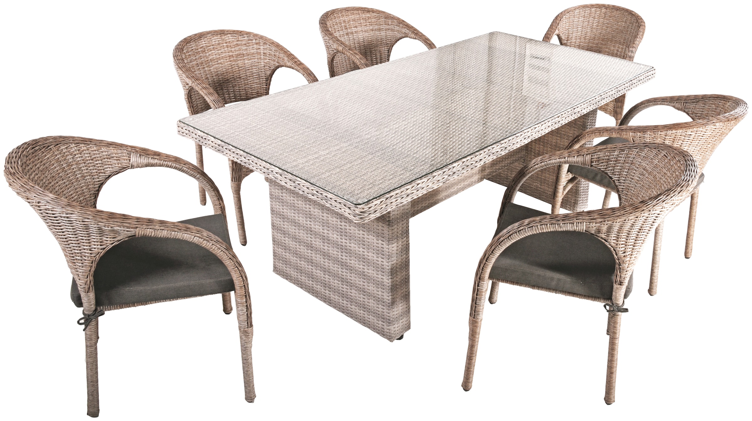 Garten-Essgruppe GARDEN PLEASURE "DIJON/BASTIA", grau (sesamgrau, ingwerbraun, braun, grau), B:300cm H:81cm T:200cm, Aluminium, Glas, Polyrattan, Sitzmöbel-Sets, mit platzsparenden Stapelstühlen