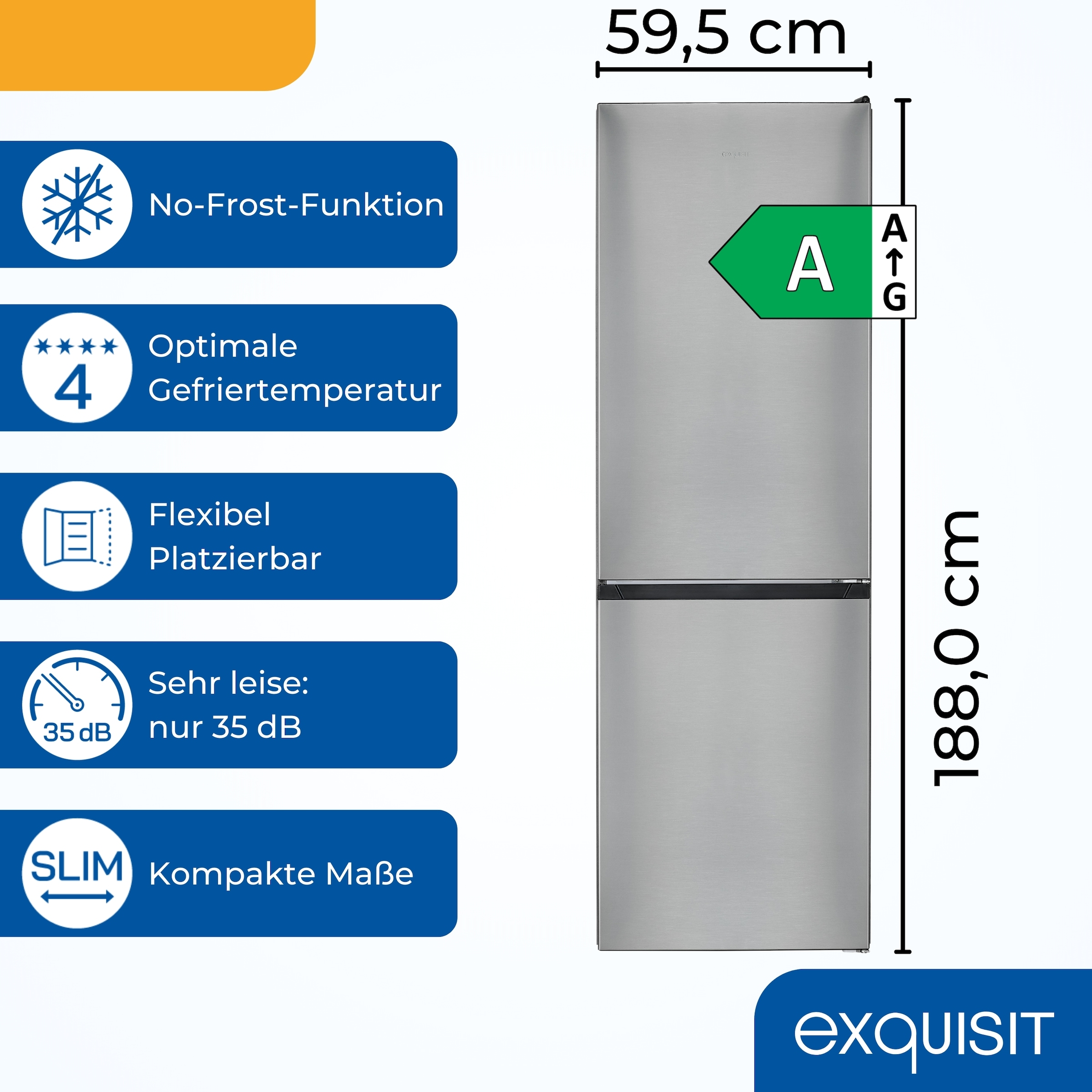 exquisit Kühl-/Gefrierkombination KGC320-100-NF-010A inoxlook »KGC320-100-NF-010A« 188 cm hoch 59,5 cm breit