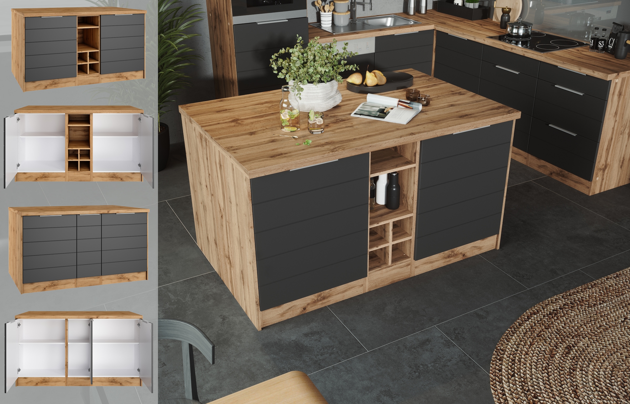 KOCHSTATION Kücheninsel »KS-Luhe, Breite 153 cm, mit Flaschenregal«, MDF-Fronten, Arbeitsplatte 38mm stark