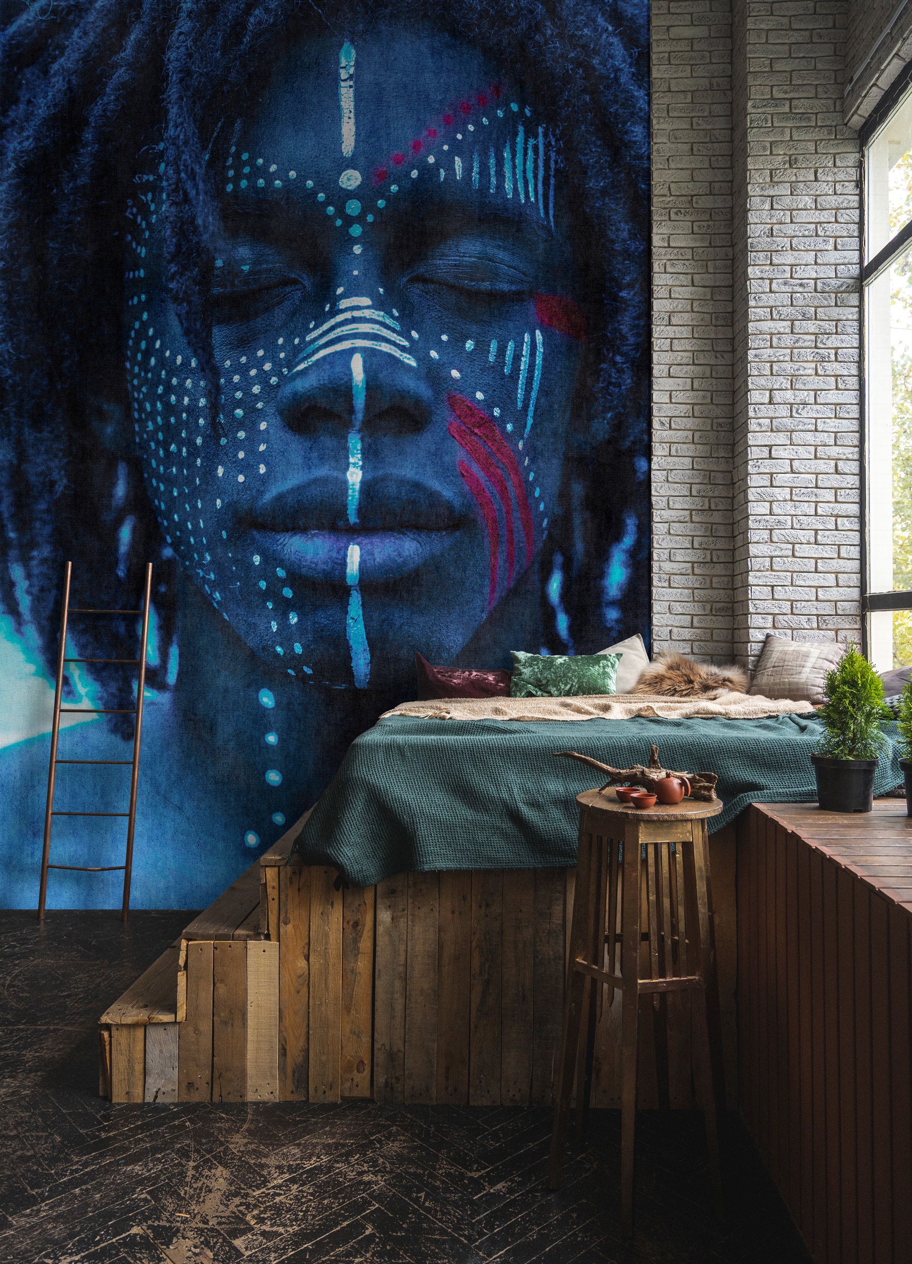 living walls Vliestapete "Tribal-Portrait-Tapete Blau Rot Ethno" matt glatt
