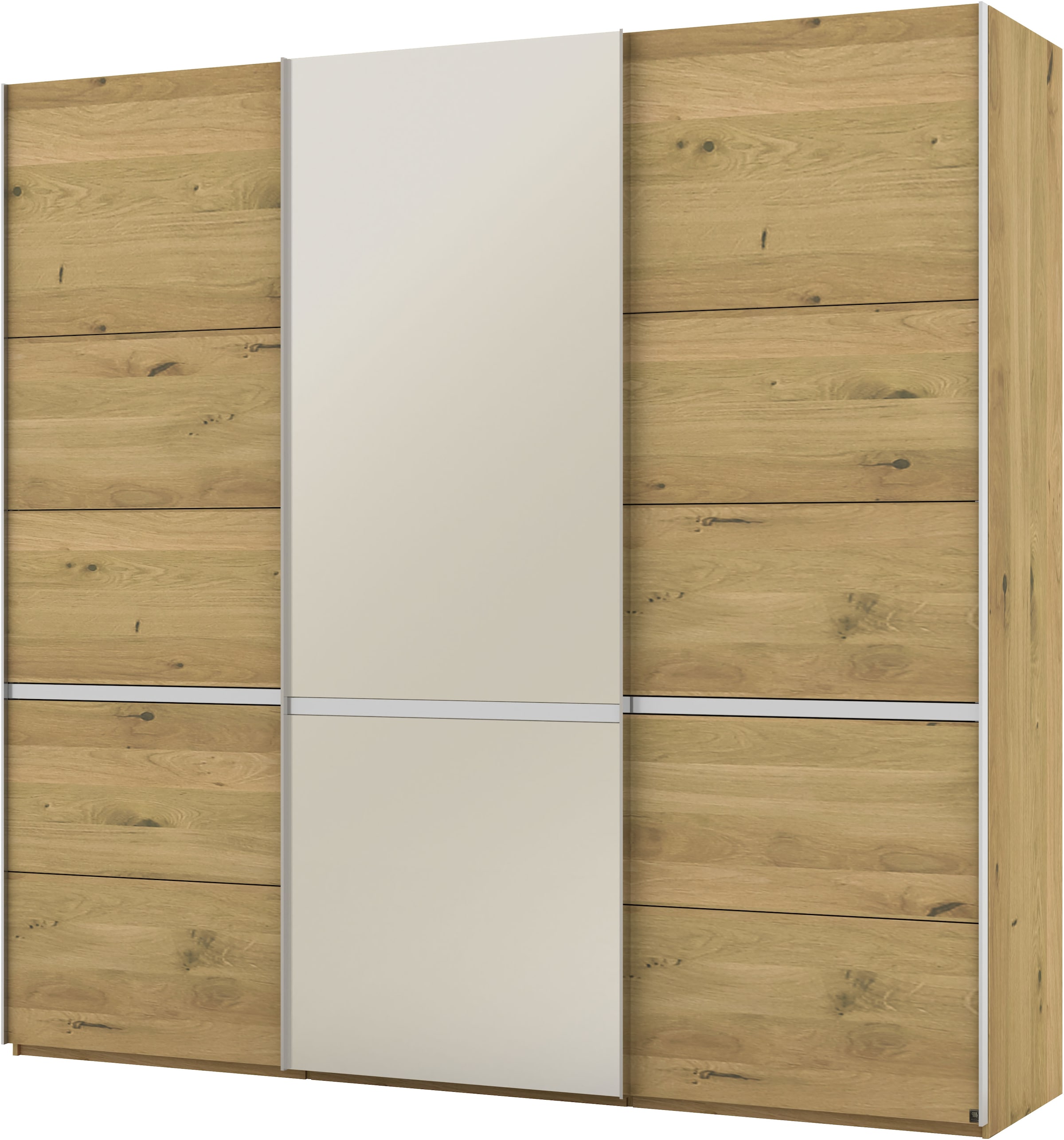 Musterring Schwebetürenschrank »Savona, Kleiderschrank, Schrank, Garderobe, mit Schiebetüren«, (Teilmassiv Bianco-Eiche, mit Spiegel oder Glas, MADE IN GERMANY), Türen Bianco-Eiche massiv, Spiegel-/Glastüren, eingelegte Chromleiste