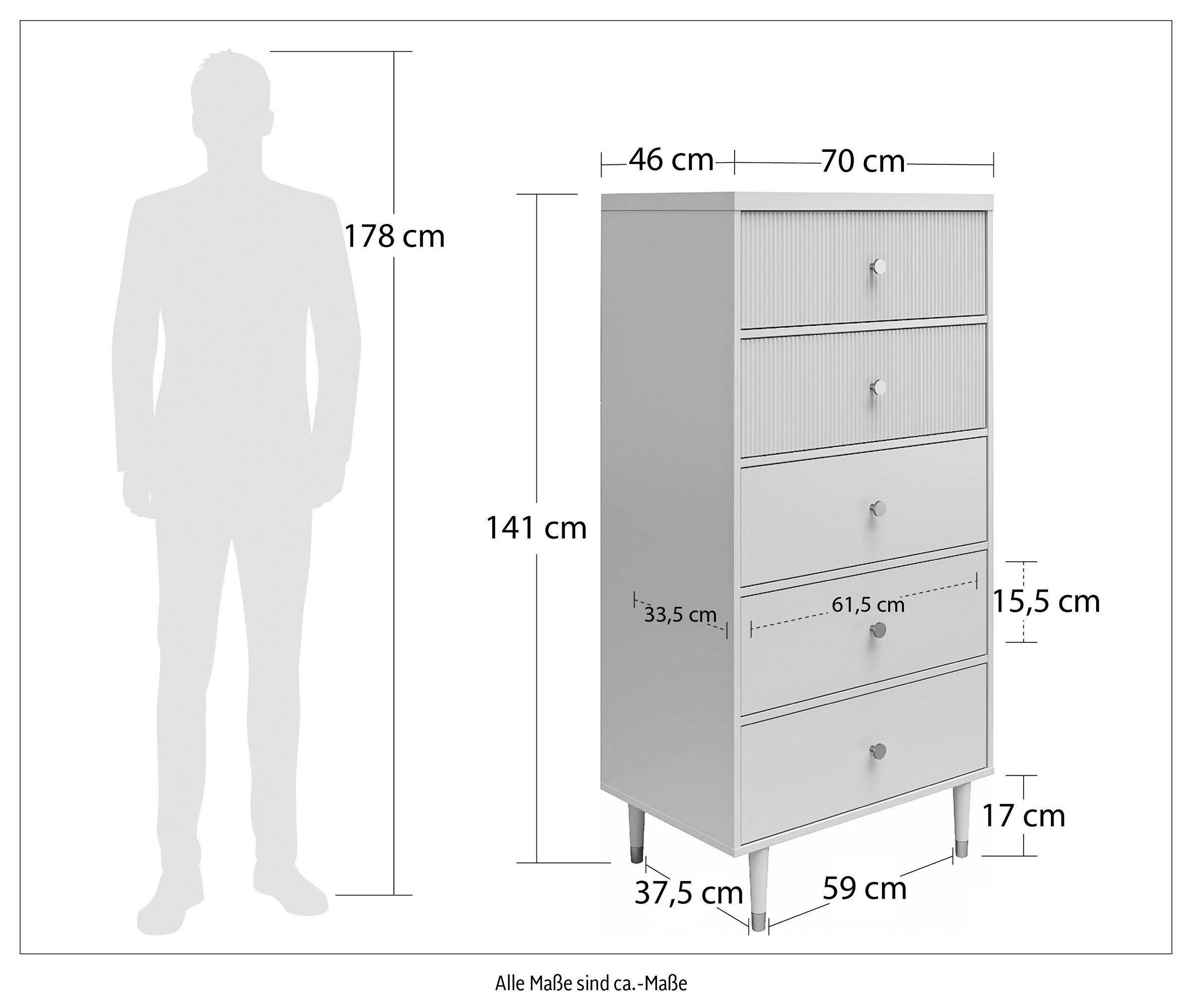CosmoLiving by Cosmopolitan Kommode »Elizabeth«, mit 5 Schubladen, Beine aus Massivholz mit goldenen Akzenten, B. 70 cm, H. 141 cm