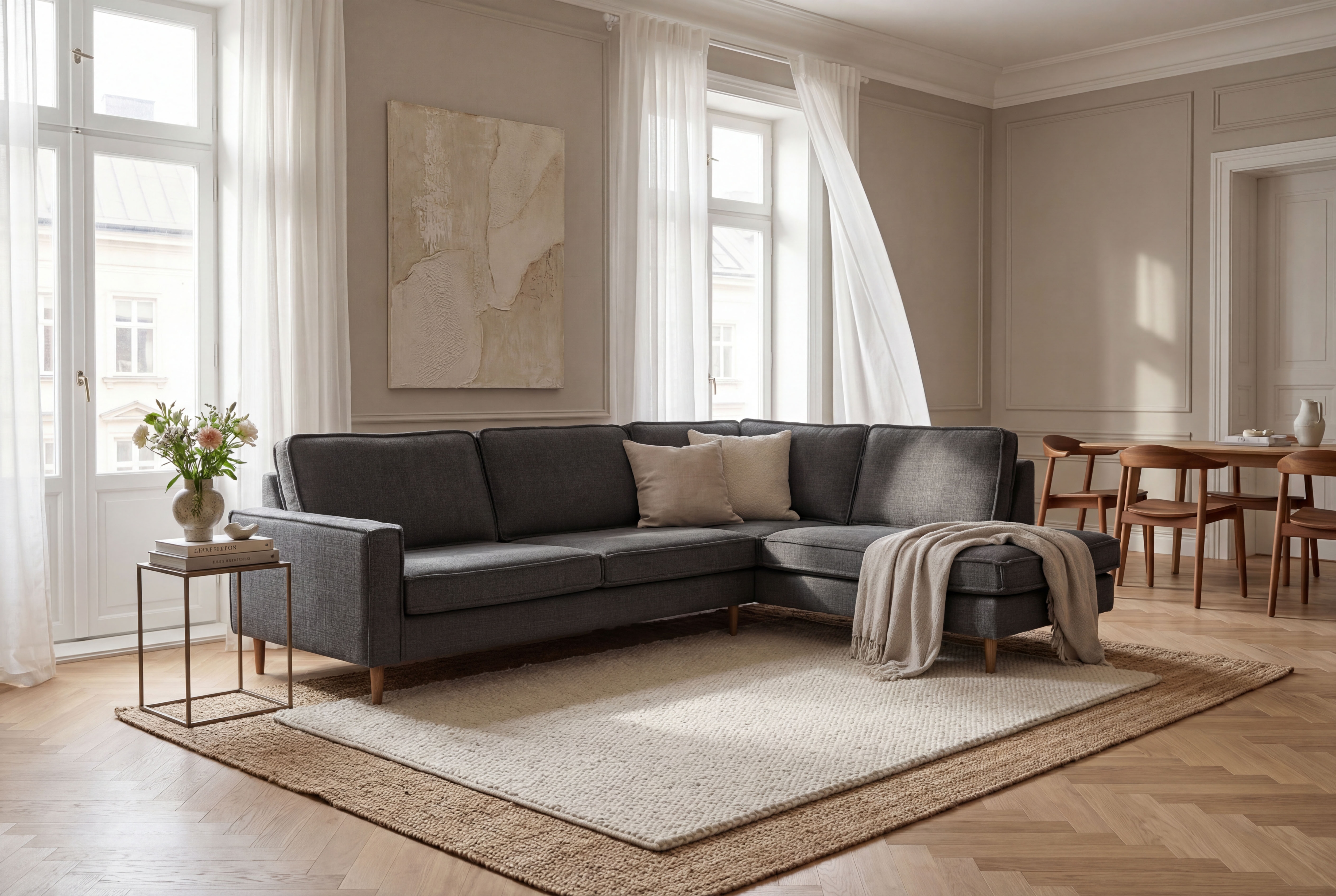 OTTO home Ecksofa "Pinto Skandi, 290 cm, Chenille, Struktur, Ottomane links / rechts" mit Keder, Massivholzfüße Eiche geräuchert, Wellenunterfederung