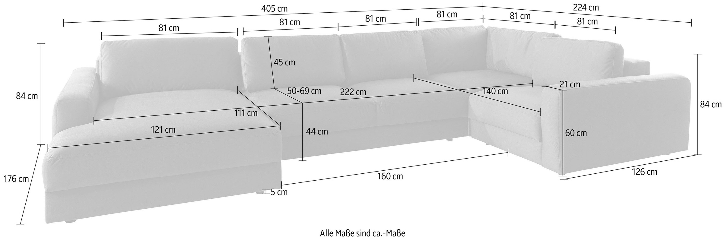 Places of Style Wohnlandschaft »Bloomfield, Mega Polsterprogramm, Breite 405cm, viel Platz, U-Form«, mit extra tiefer Sitzfläche, wahlweise mit Sitztiefenverstellung