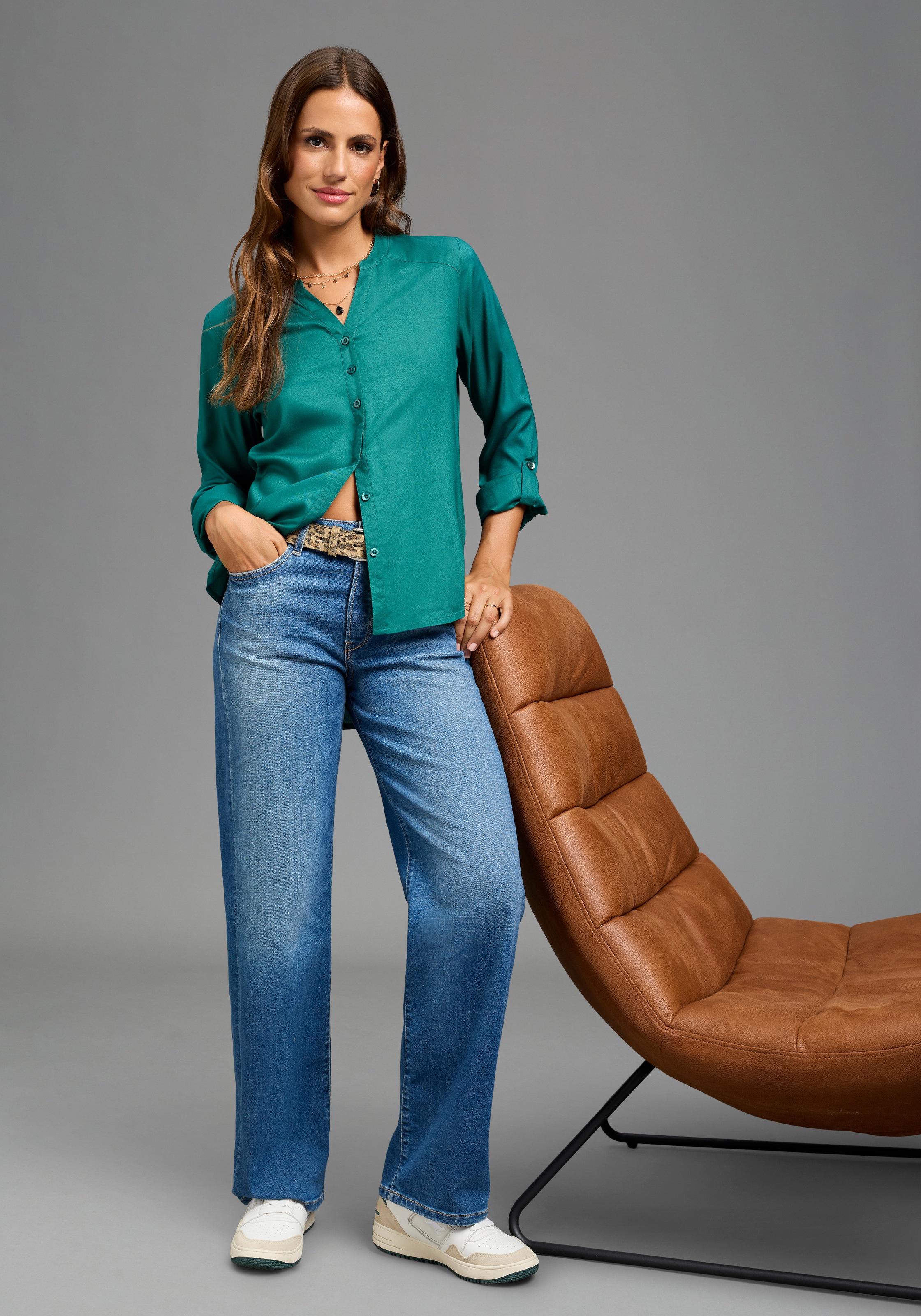 Laura Scott Longbluse mit Stehkragen, Langarm mit 1-Knopf-Manschette, aus Viskose