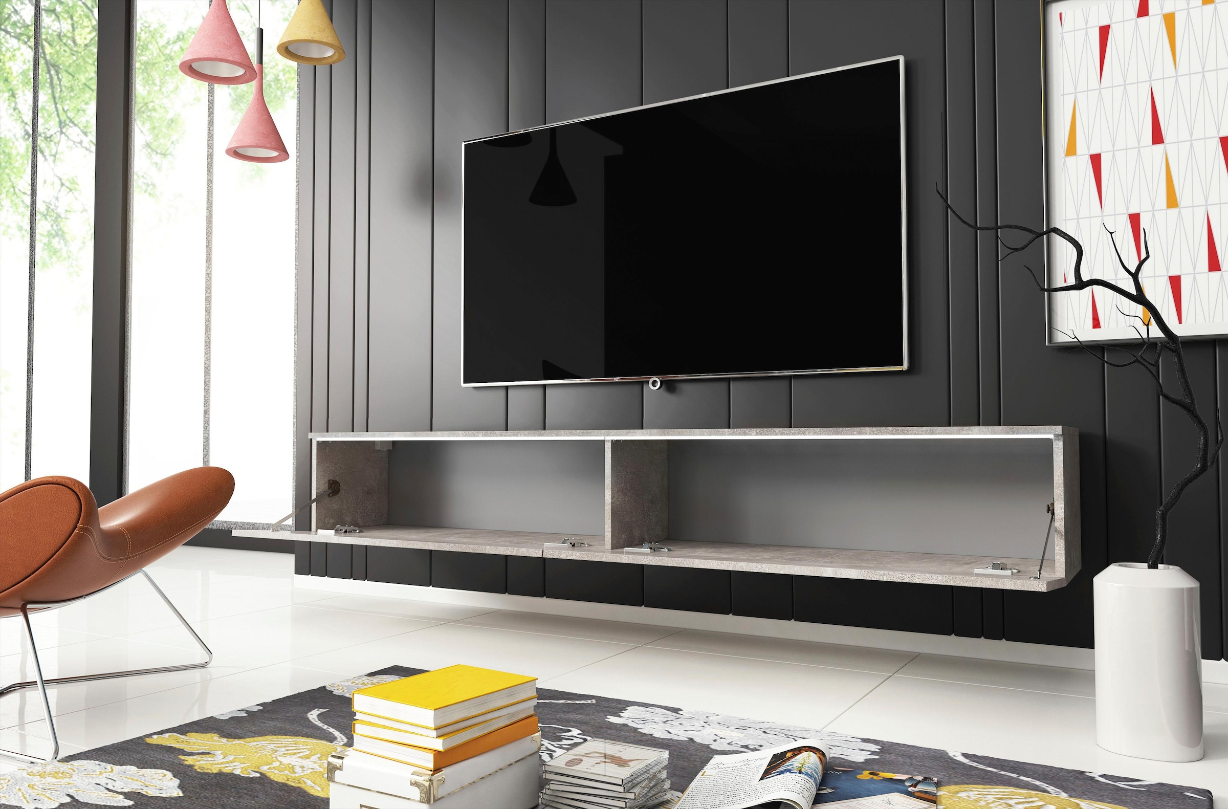 INOSIGN Lowboard »LOWBOARD VERA, wahlweise mit oder ohne Beleuchtung«, Modernes griffloses TV-Board, 180 cm TV-Schrank, stehend und hängend