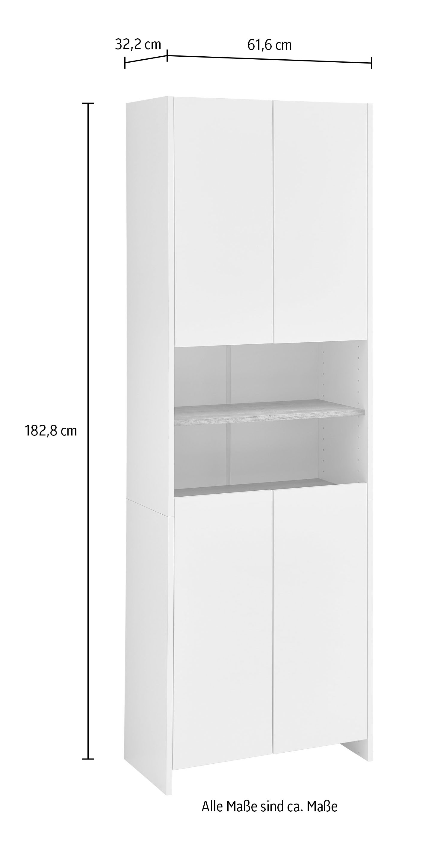 Saphir Hochschrank »Hochschrank Quickset 100, Badschrank 61,6 cm breit, 4 Türen«, 2 Einlegeböden, 2 offene Fächer, Badezimmer-Hochschrank, Akzentfuge