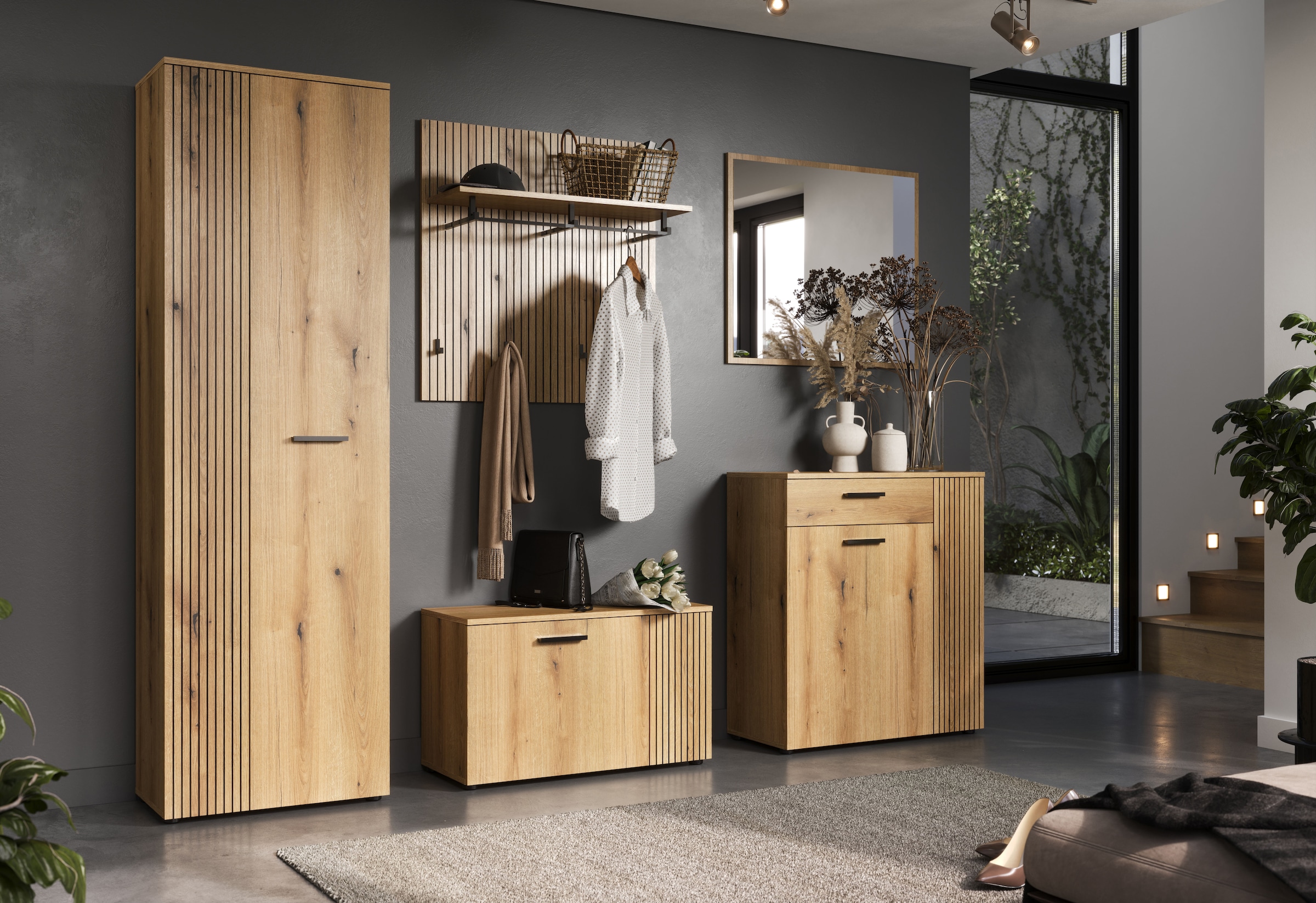 Home affaire Garderoben-Set »Amrum« Komplett-Set, 5 Stk. tlg. Set bestehend aus: Schrank, Sitzbank, Wandpaneel, Kommode & Spiegel