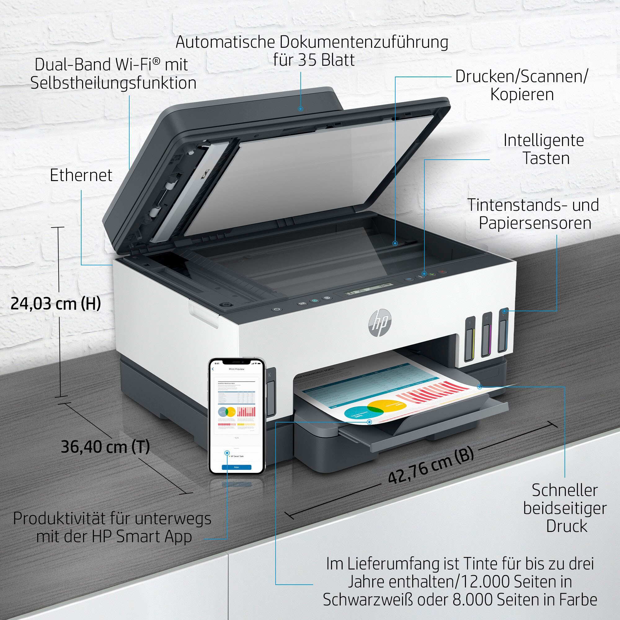 HP Multifunktionsdrucker »Smart Tank 7305«, Tintentank, hohe Reichweite