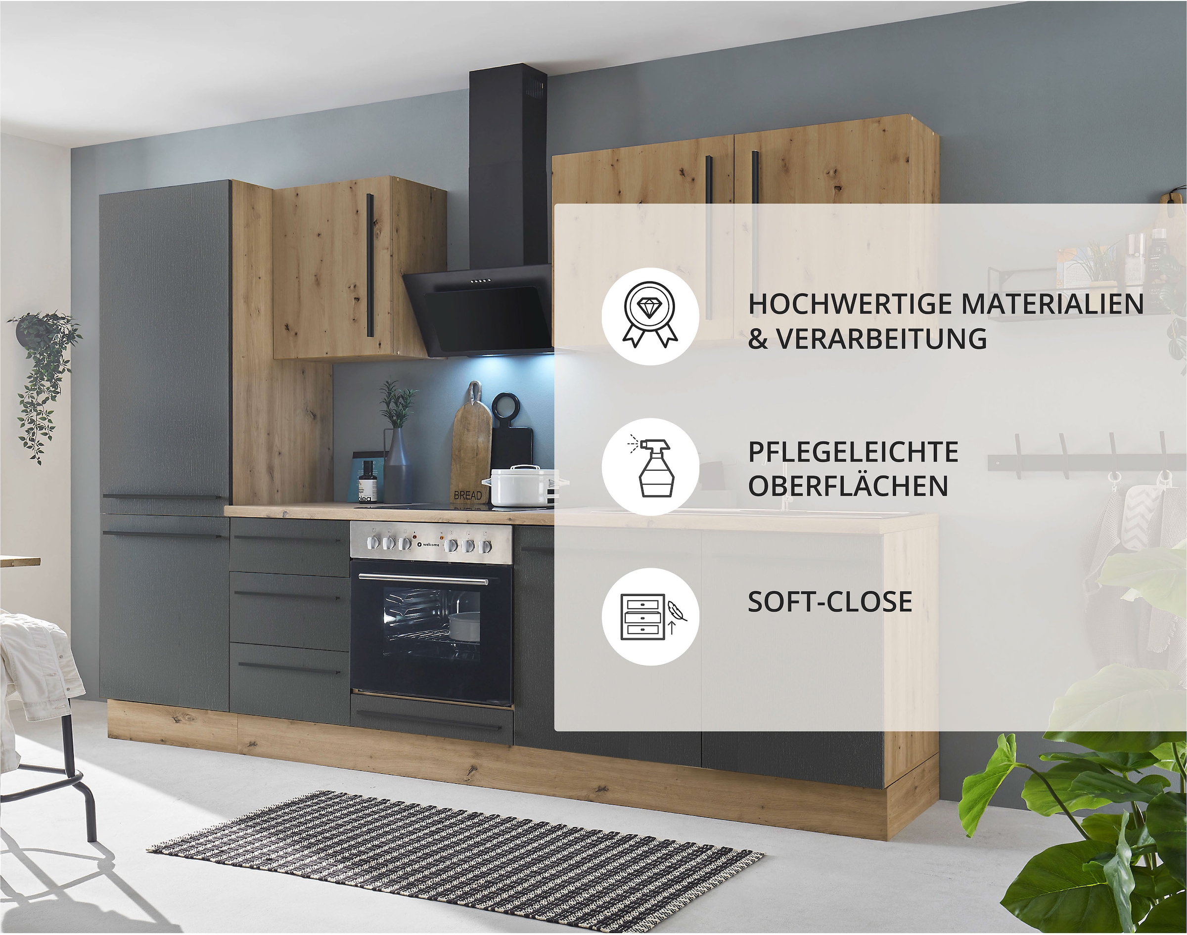 KOCHSTATION Küchenzeile »KS-Florida mit 38mm starker Arbeitsplatte«, Breite 280 cm, wahlweise mit E-Geräten, Soft-Close-Funktion