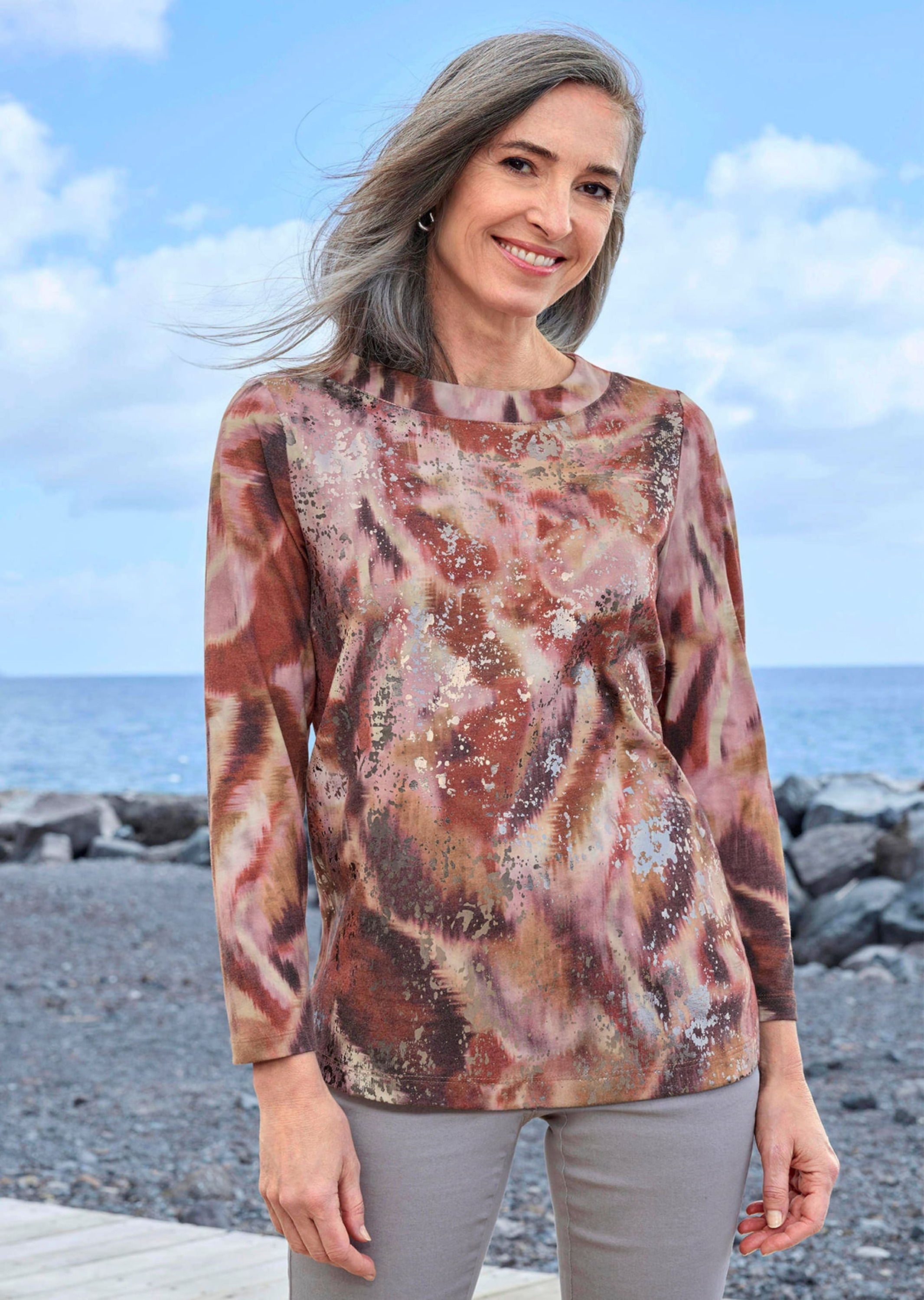 GOLDNER Print-Shirt »Kurzgröße Sweatshirt in Metallic-Optik«