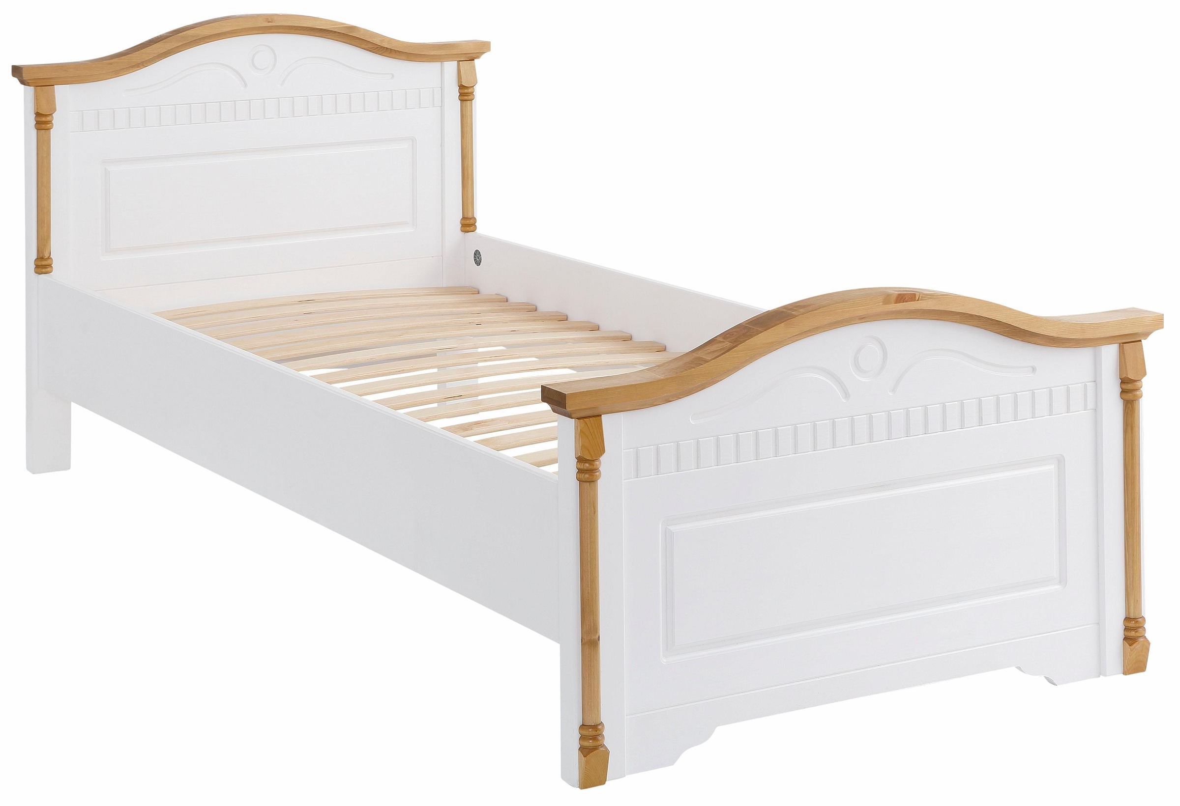 Home affaire Massivholzbett »Graz, hohe Belastbarkeit, klassischer Landhausstil, FSC® zertifiziert«, (Breite/Belastbarkeit 180cm/220 KG, 90cm/=120KG), mit dekorativen Fräsungen, inklusive Lattenrost