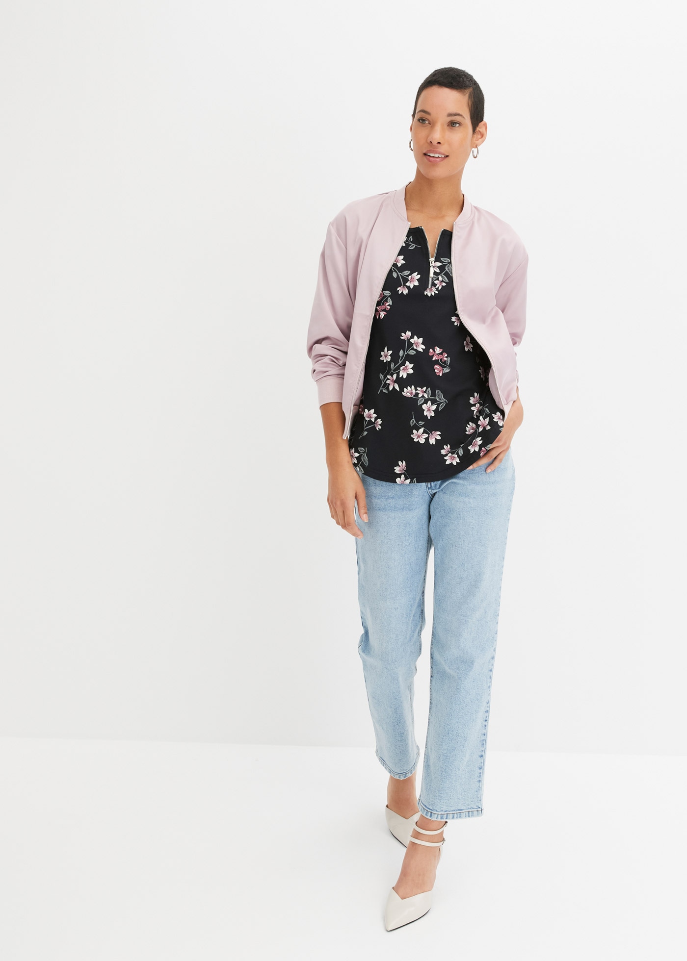 bonprix T-Shirt geblümt mit kurzem Reißverschluss