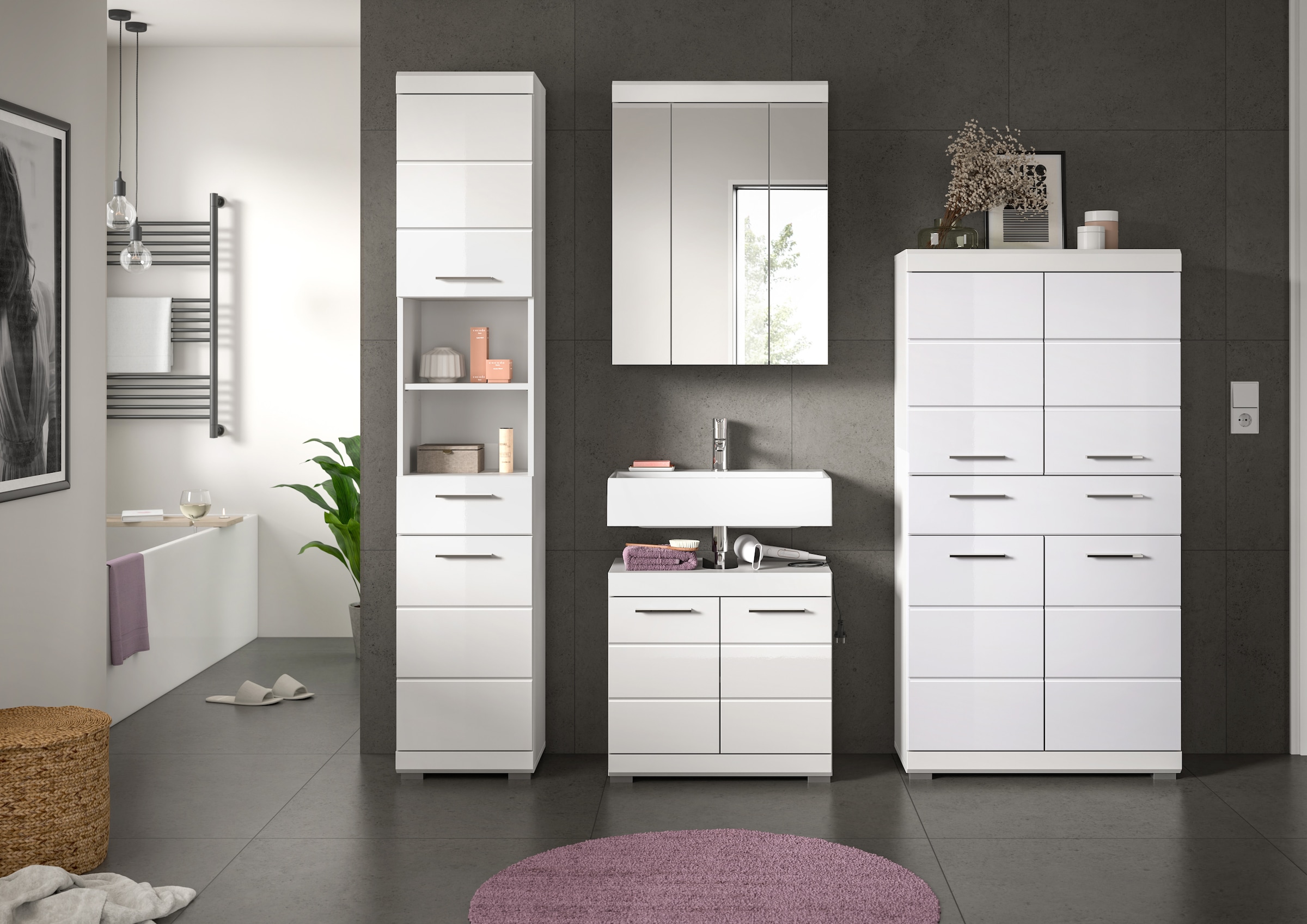 INOSIGN Badmöbel-Set »Siena, 4 teilig, bestehend aus:«, (Set), Hochschrank, Waschbeckenunterschrank, Spiegelschrank, Midischrank