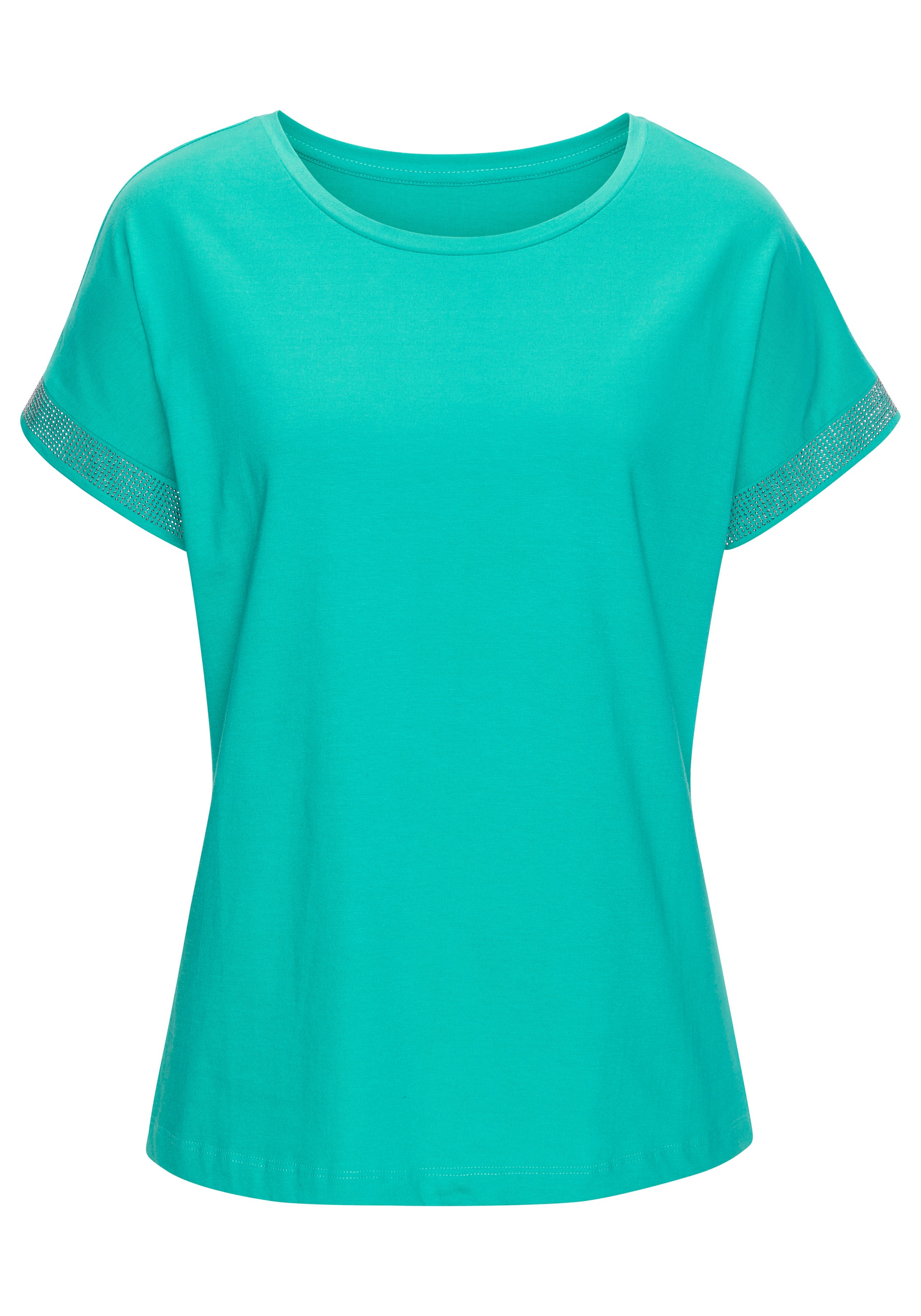 LASCANA Kurzarmshirt "mit glitzernem Strass-Design am Arm", aus weicher Bau günstig online kaufen