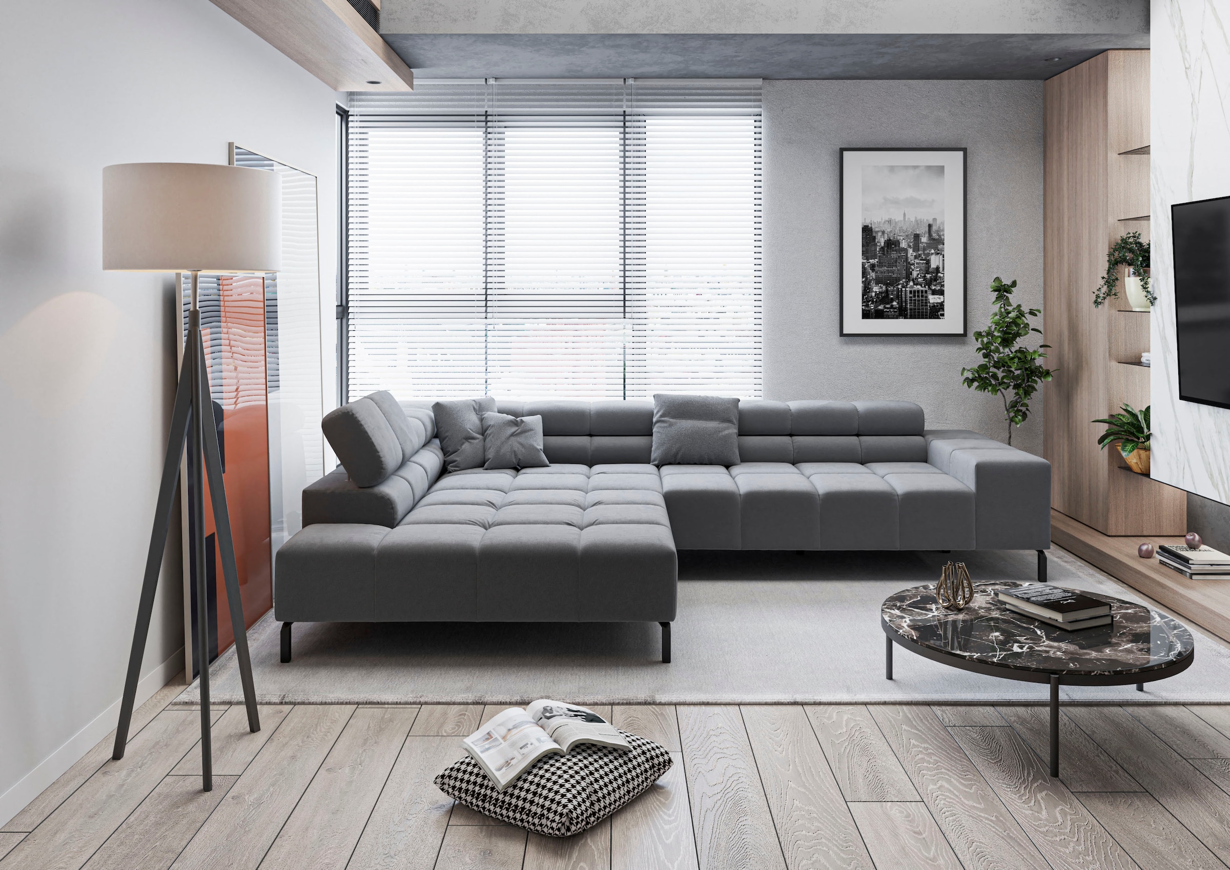 Home affaire Ecksofa "Ancona New, wahlweise motorische Sitztiefenverstellung, auch in Cord" feine Steppung, mit Kopfteilverstellung, 3 Zierkissen, L-Form