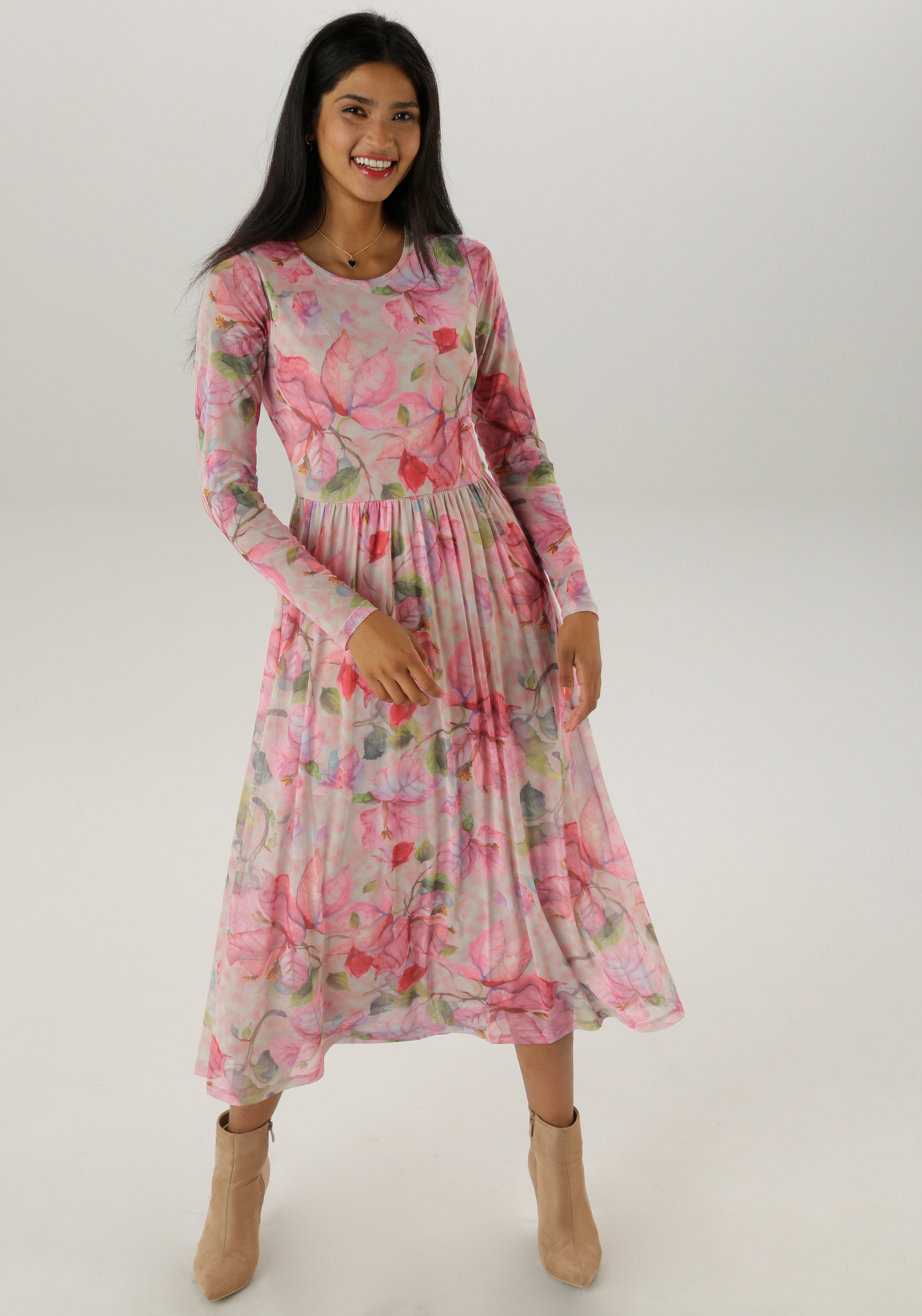 Aniston SELECTED Midikleid, in Mesh-Qualität und floralem Muster günstig online kaufen