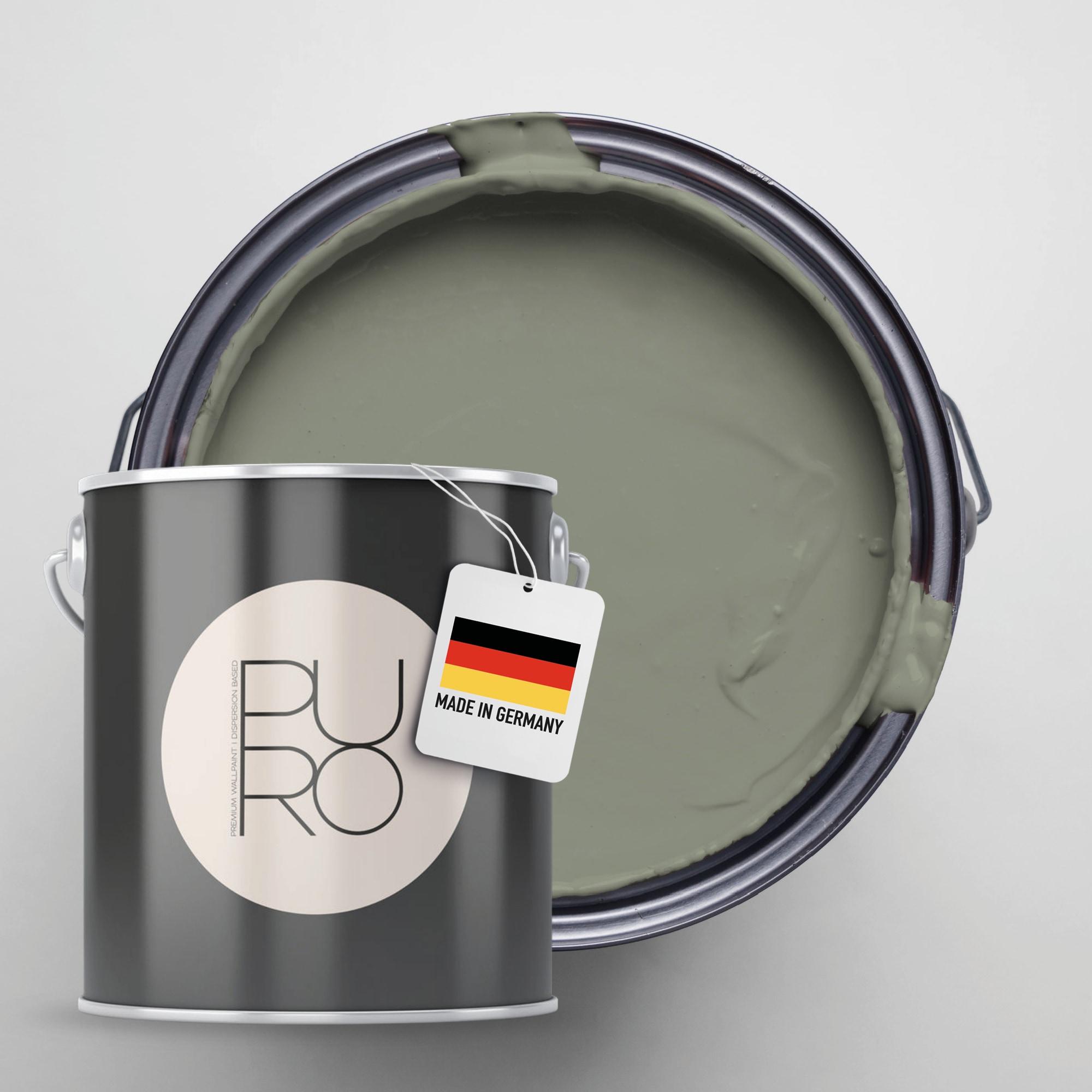 A.S. CRÉATION Wandfarbe "Premium Innenwandfarbe PURO Tuchmatt calm taupe", 1 l 1ml, grün, Farben, ideal für Wohnzimmer, Schlafzimmer, Flur und Küche,