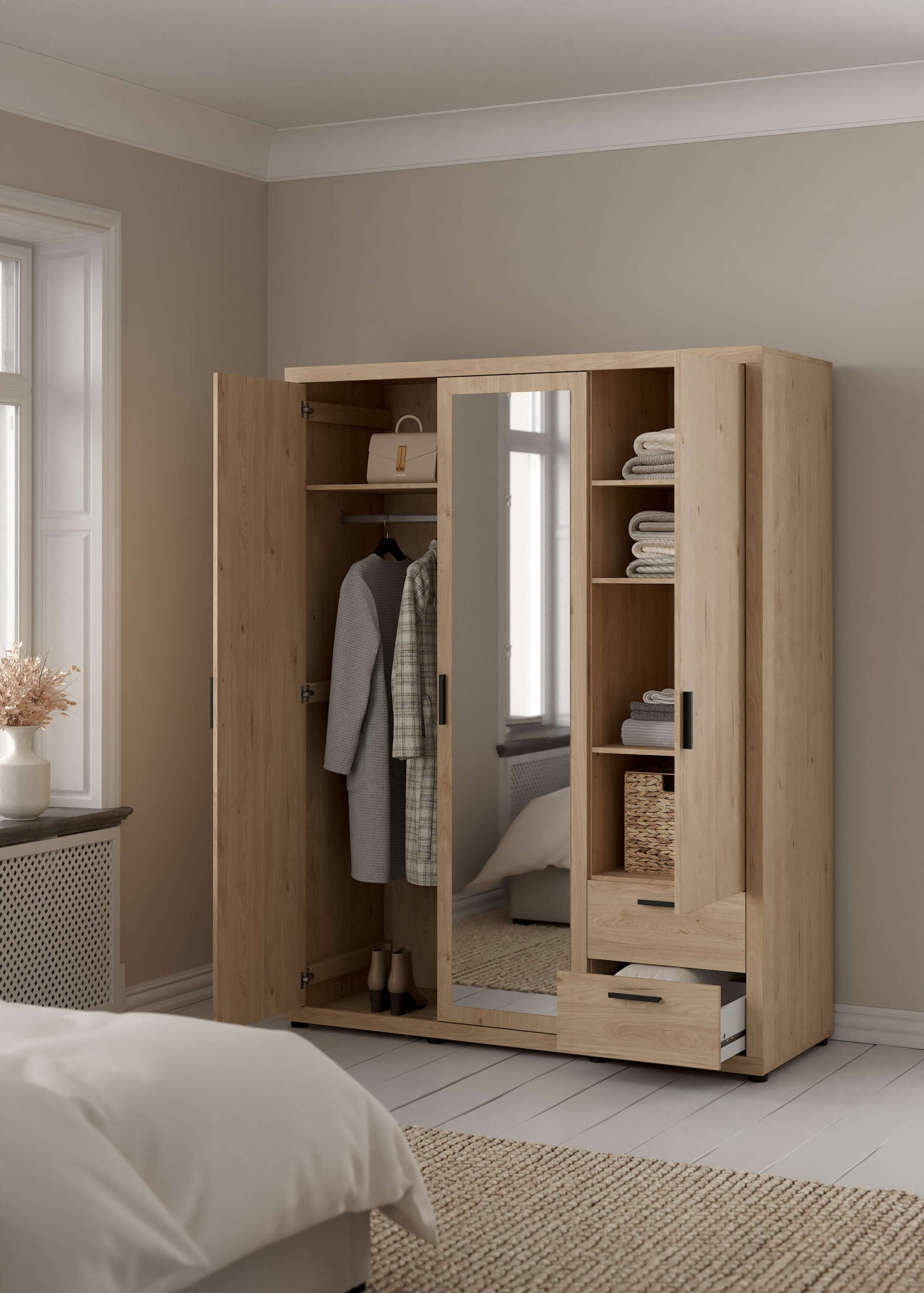 Home affaire Kleiderschrank »Mira Kleiderschrank mit 2 Türen, Spiegeltür & 2 Schubladen« 2 Türen und 1 Spiegeltür für mehr Komfort