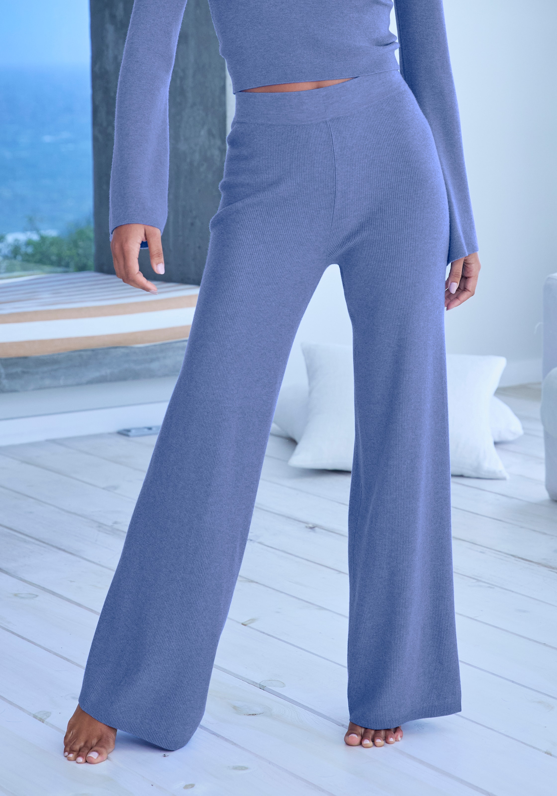 Strickhose COPENHAGEN STUDIOS, Damen, Gr. 44/46, N-Gr, blau, Rippstrick, Obermaterial: 50% Viskose, 28% Polyester, 22% Nylon, unifarben, bequem lang, Hosen, aus hochwertigem Rippstrick, Loungewear