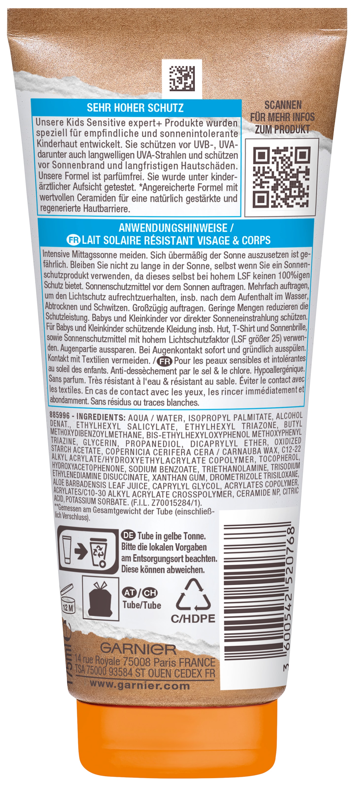 GARNIER Sonnenschutzmilch »AMBRE SOLAIRE KIDS SENSITIV EXPERT+ LSF50+« mit Lichtschutzfaktor