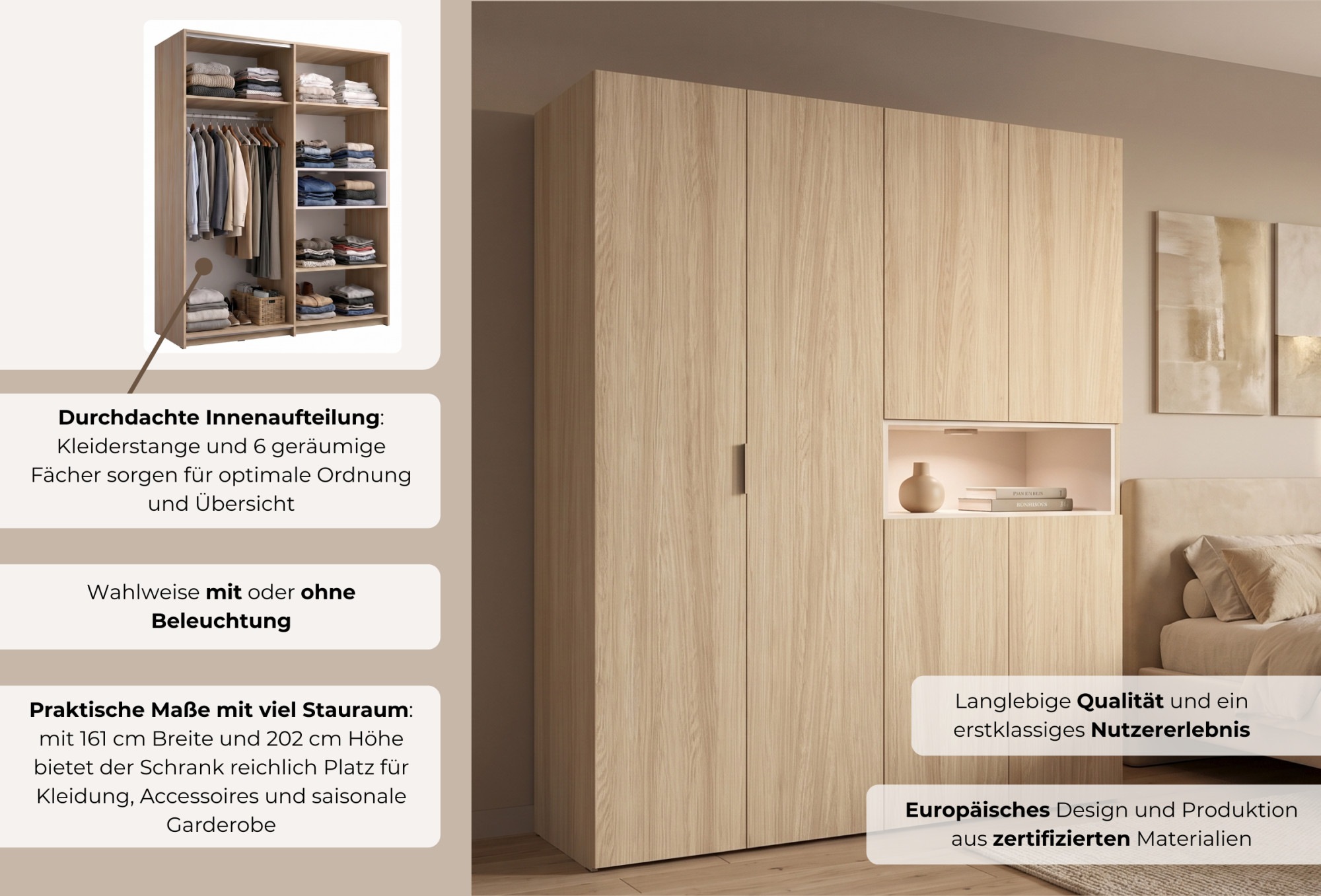 Home affaire Kleiderschrank »CUBIQUE mit/ohne Beleuchtung, Sof-Close System, Breite 161 cm« Garderobe mit Kleiderstange, 5 geschlossenen Fächern, 1 offenem Fach