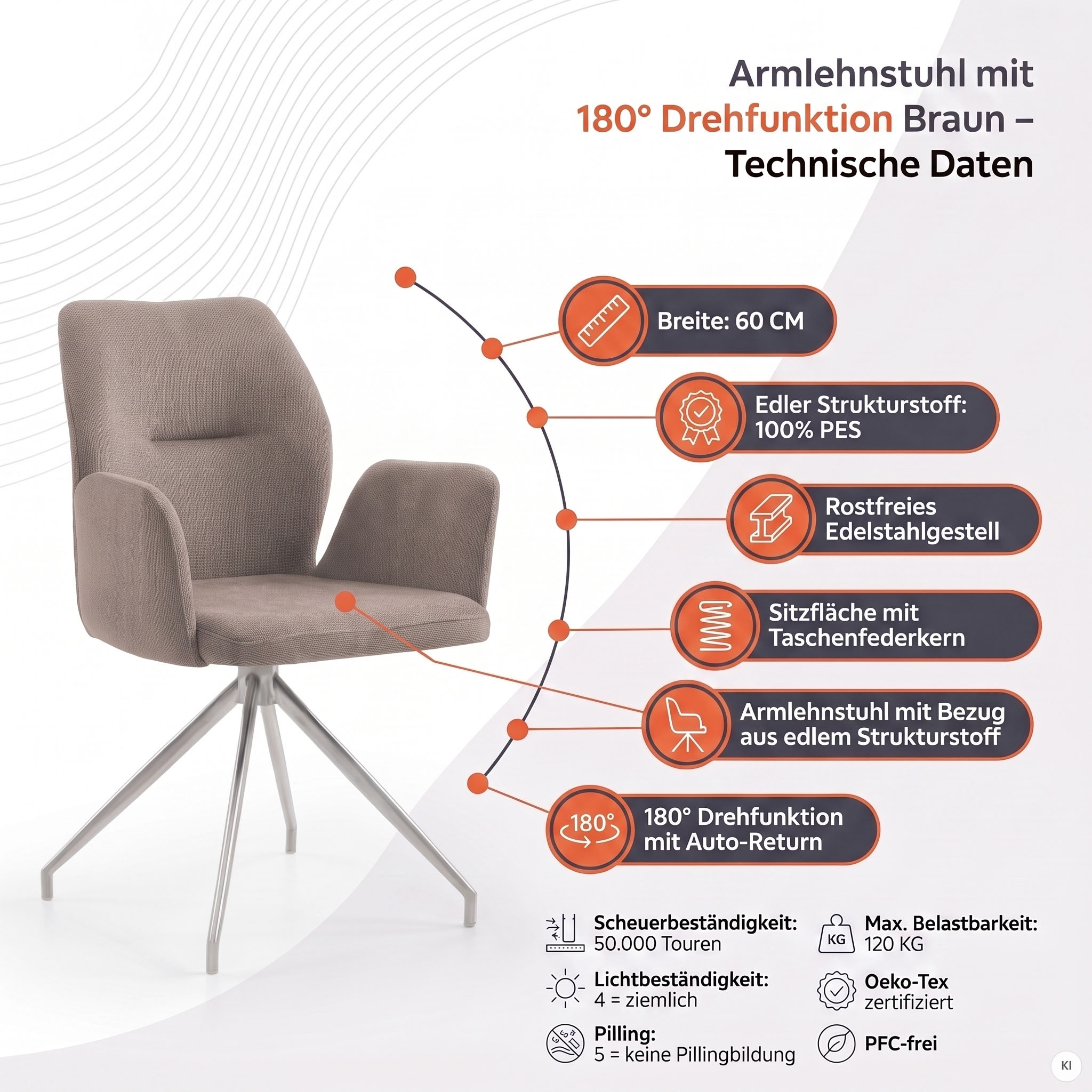 SalesFever Esszimmerstuhl »Taormina Armlehnstuhl mit silbernem Edelstahlgestell« () 1 Stk.Esszimmersessel, 180° Drehfunktion, Gestell aus rostfreiem Edelstahl