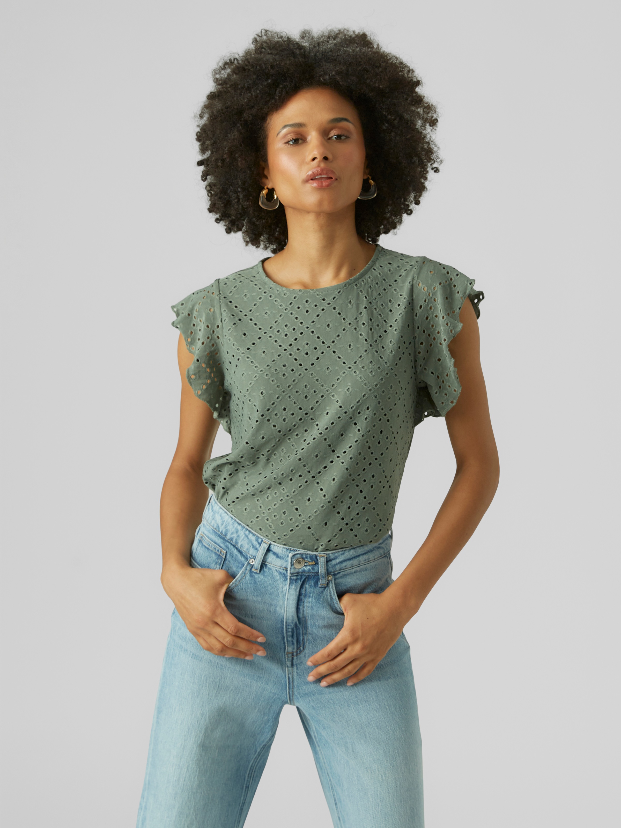Vero Moda Rundhalsshirt "VMTASSA SL FRILL TOP NOOS" Materialmix, loose fit günstig online kaufen