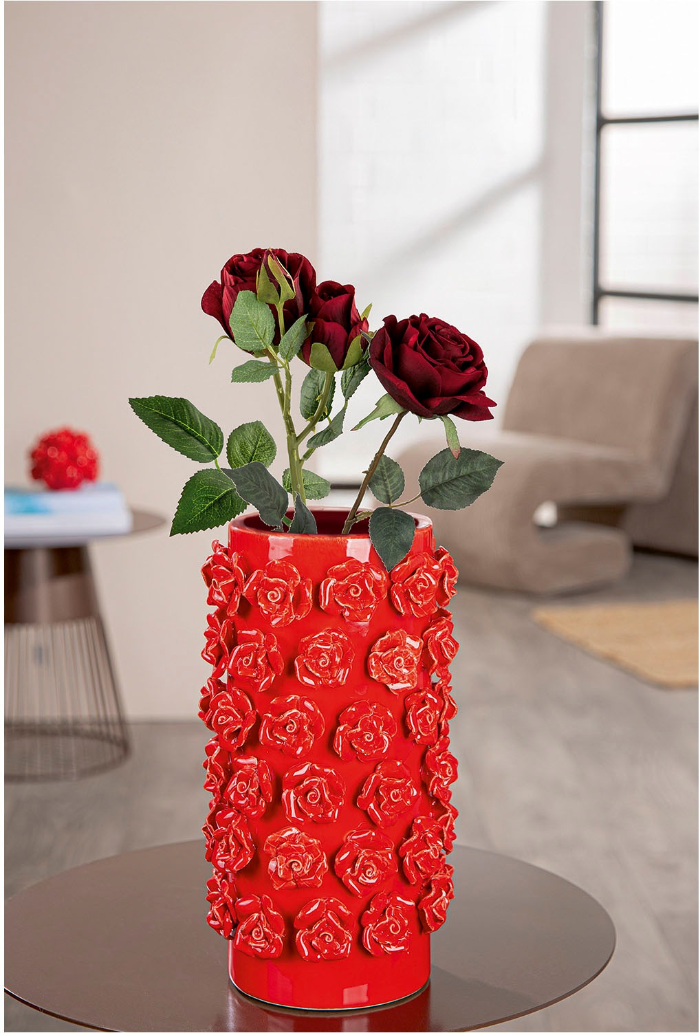 GILDE Tischvase "Vase zylindrisch Roses rot H. 30,5 cm" günstig online kaufen