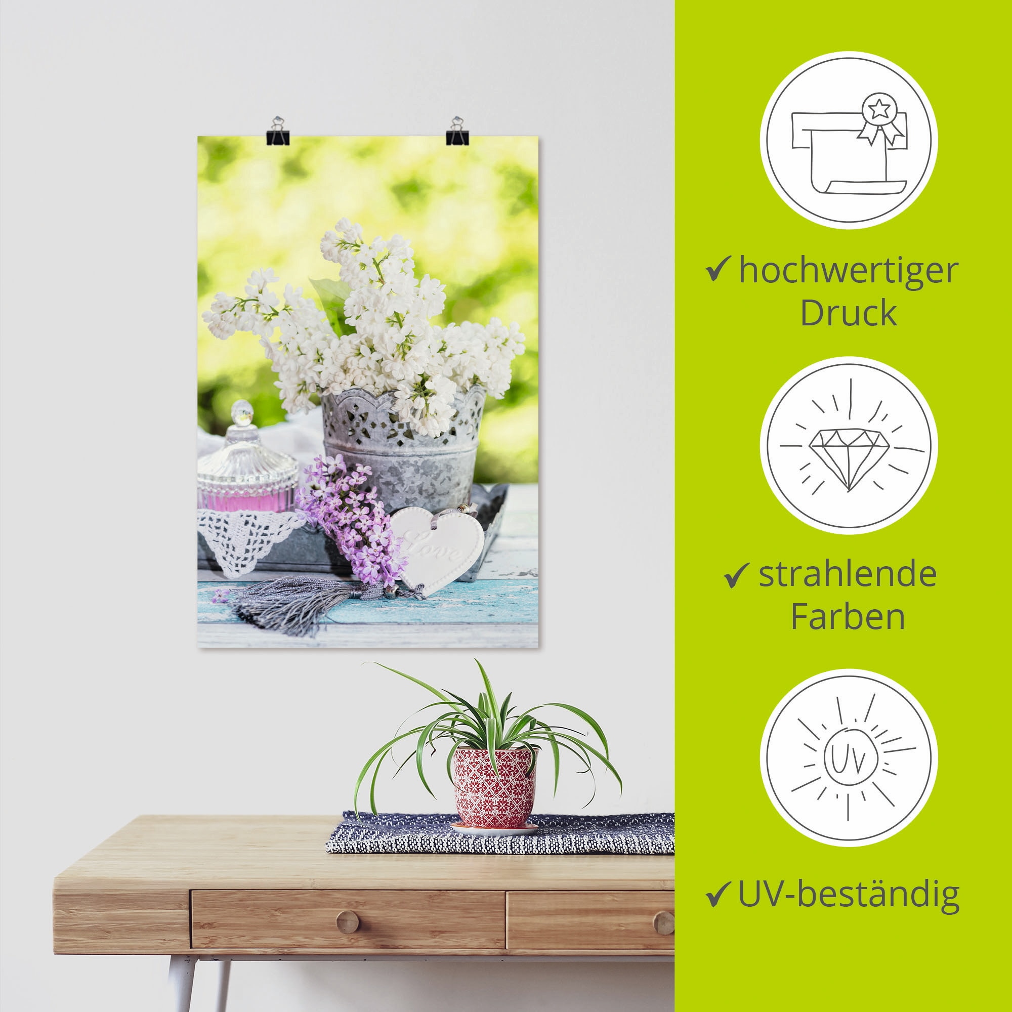 Artland Wandbild »Flieder und Shabby Chic Stillleben I«, Blumen, (1 St.), als Leinwandbild, Poster, Wandaufkleber in verschied. Größen