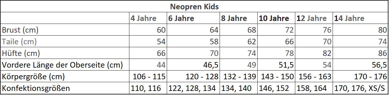 F2 Neoprenanzug »F2 Neoprene beachten | Shorty«, die BAUR Größentabelle. Kids Bitte Sie