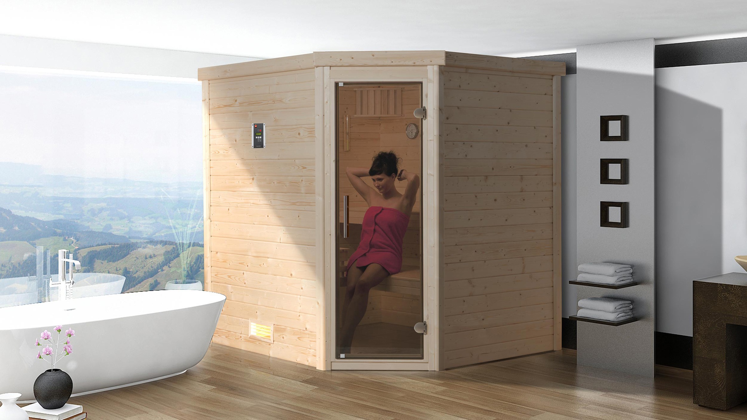 weka Sauna »Massivholzsauna TURKU 1«, Blockbohlen, moderne Ganzglastür