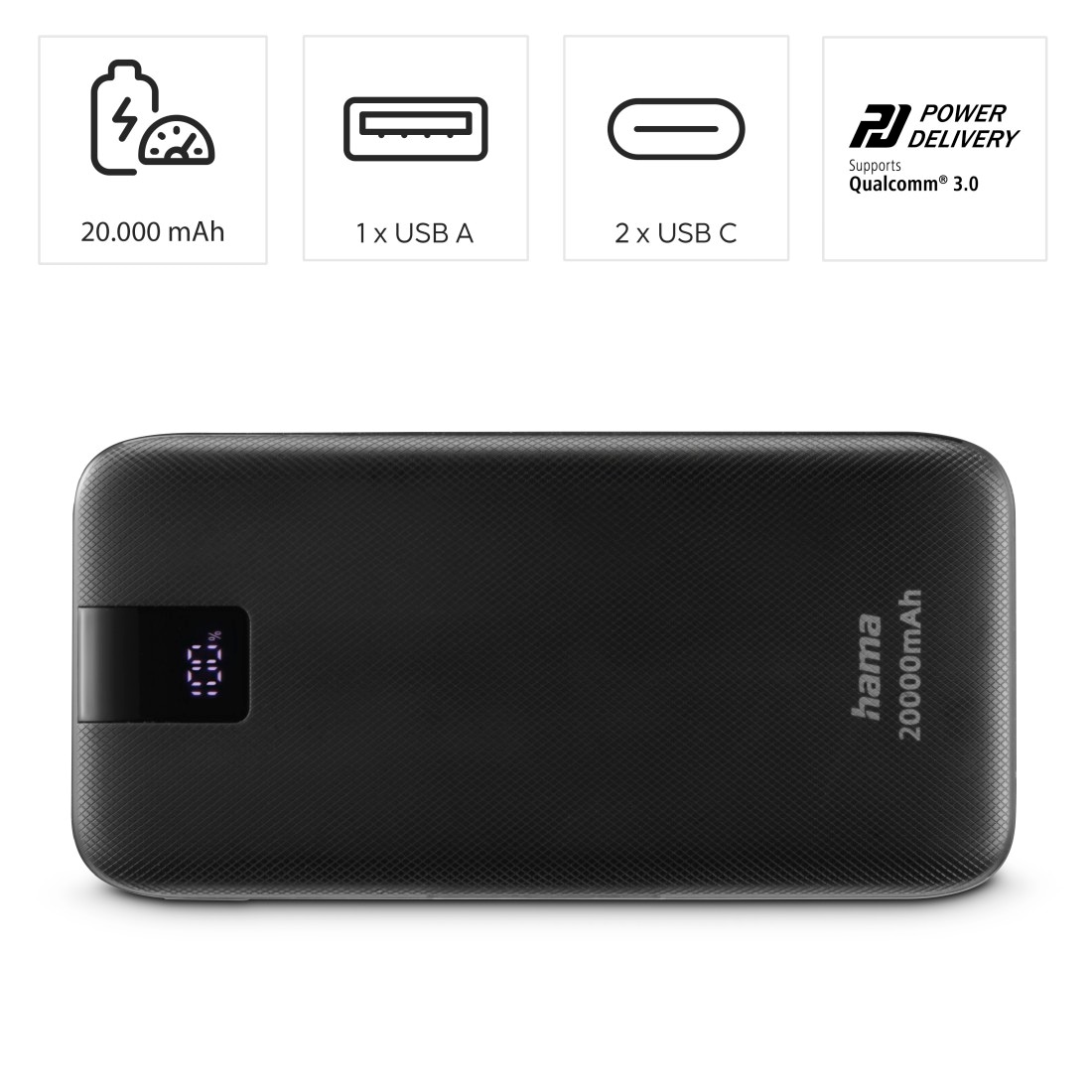 Hama Powerbank »Power Pack 20000 mAh, Schnellladen, 2x USB-C 1x USB-A, mit Ladekabel«, 20000 mAh, Schnellladefunktion mit Power Delivery, Qualcomm® Quick Carge™ 3.0